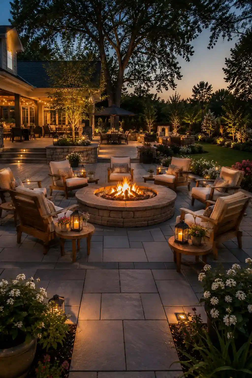 Spacious paver patio featuring a circular stone fire pit surrounded by comfortable wooden lounge chairs, decorative lanterns, beautiful flower beds, landscape lighting, mature trees, elegant backyard entertaining area, and luxury outdoor living space at sunset.
