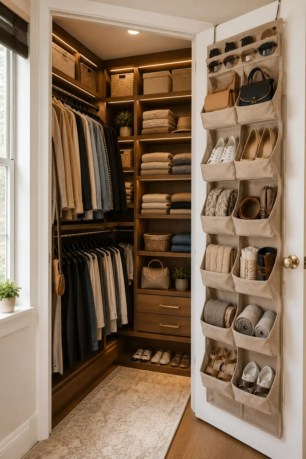 Small closet organization ideas featuring an over the door organizer filled with handbags, shoes, sunglasses, scarves, belts, towels, and accessories. Luxury built in closet with hanging clothes, shelves, drawers, and space saving storage solutions that make the most of every inch.