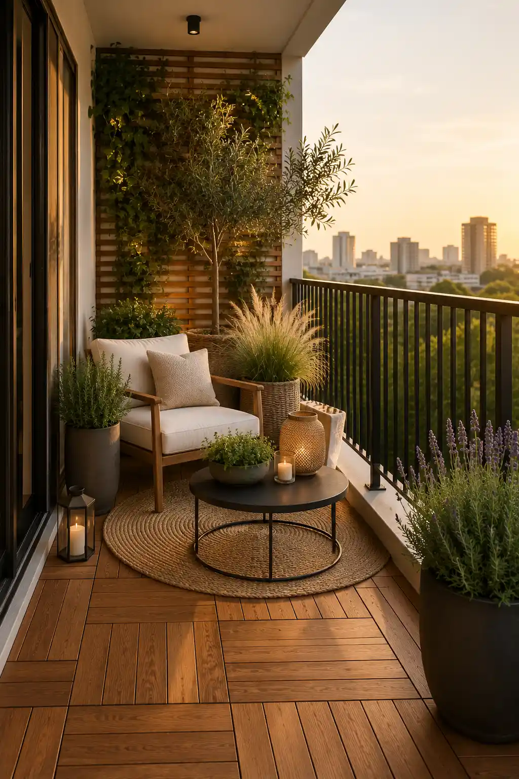 Luxury small apartment balcony with premium natural wood deck flooring, elegant lounge chair, woven outdoor rug, round coffee table, olive tree planters, lavender, decorative lanterns, black railings, and warm golden sunlight creating a stylish modern outdoor living space.