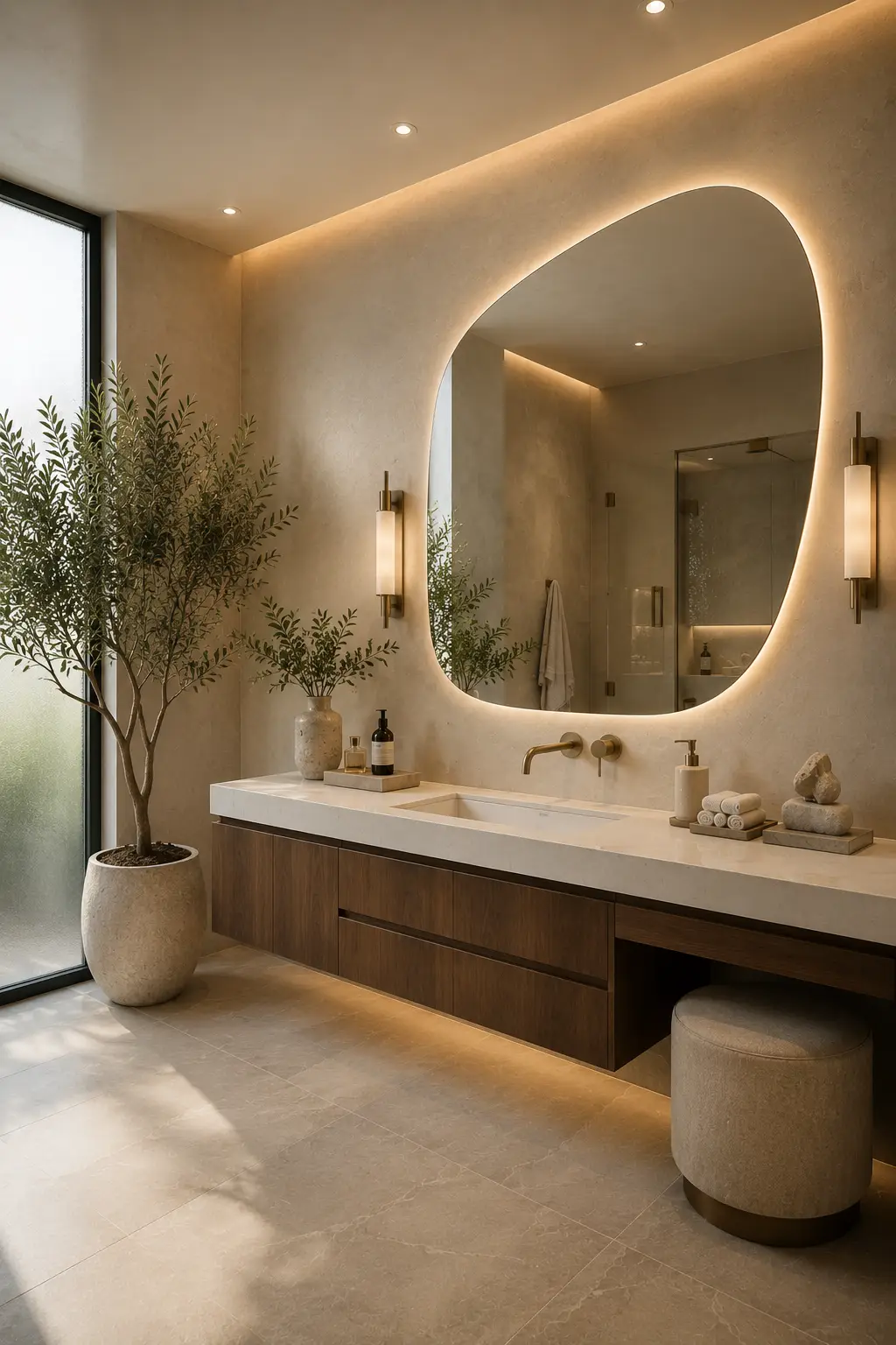 Modern luxury guest bathroom featuring a large organic shaped backlit designer mirror, floating walnut vanity, white quartz countertop, brushed brass wall mounted faucet, warm LED lighting, textured plaster walls, porcelain floor tiles, indoor olive tree, decorative stone sculptures, premium towels, upholstered vanity stool, and elegant contemporary bathroom décor.