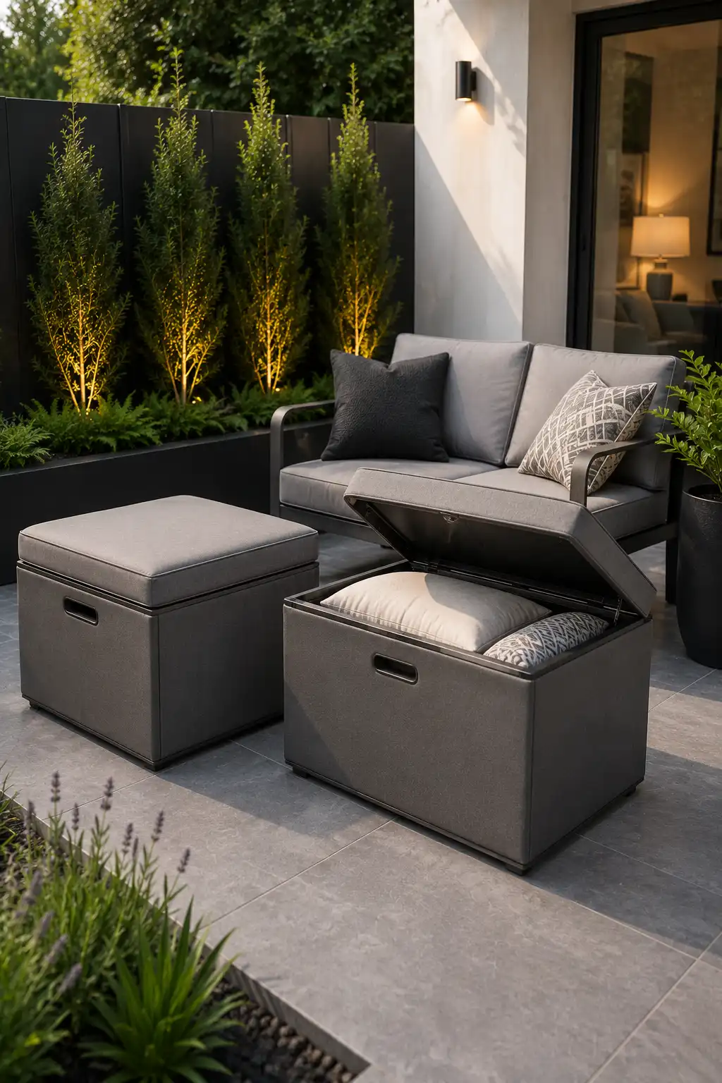 Modern outdoor storage ottomans with hidden storage compartments beside a luxury loveseat on a contemporary patio featuring architectural landscaping, porcelain tile flooring, oversized planters, and multifunctional outdoor furniture ideas for organized small patio spaces.