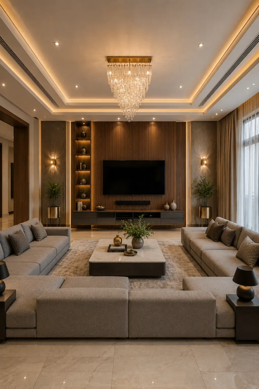 Symmetrical grey couch living room featuring matching grey sofas, walnut slat TV feature wall, floating media console, illuminated built in shelving, crystal chandelier, marble coffee table, floor to ceiling curtains, neutral luxury décor, warm LED lighting, indoor plants, and a spacious contemporary family living room.