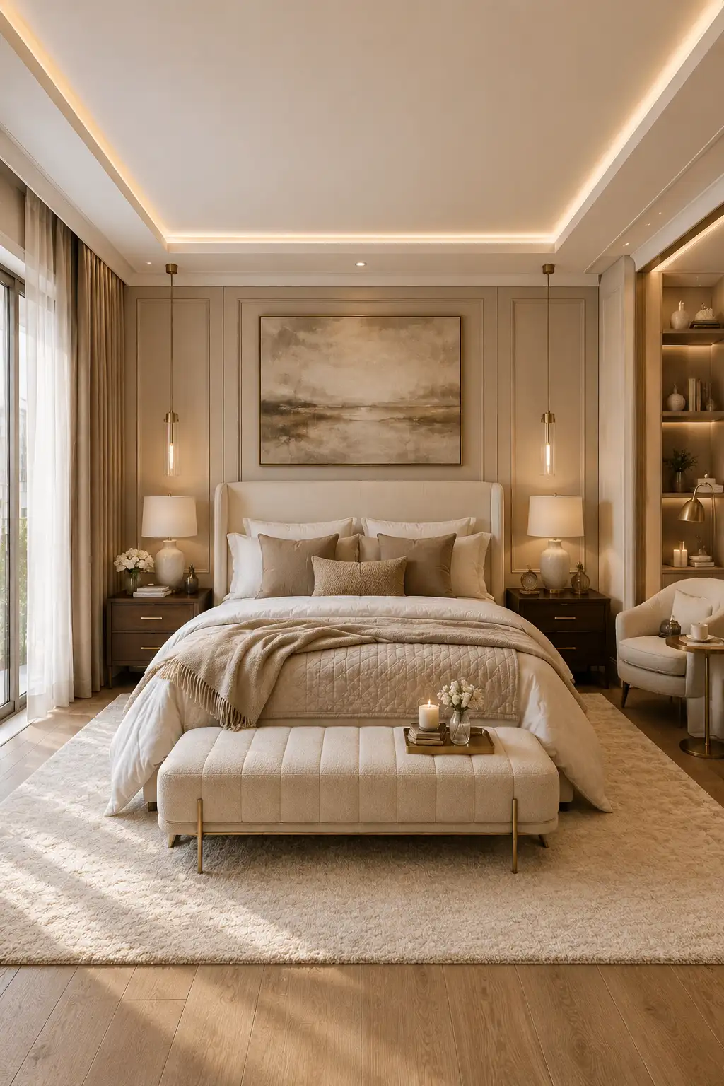 Warm beige luxury guest bedroom featuring a cream upholstered bed with quilted bedding, layered neutral pillows, decorative throw blanket, walnut nightstands, pendant lighting, ceramic table lamps, decorative wall molding, upholstered bench, oversized textured rug, cozy reading chair, illuminated built in shelving, warm oak flooring, and elegant boutique hotel style guest bedroom décor.