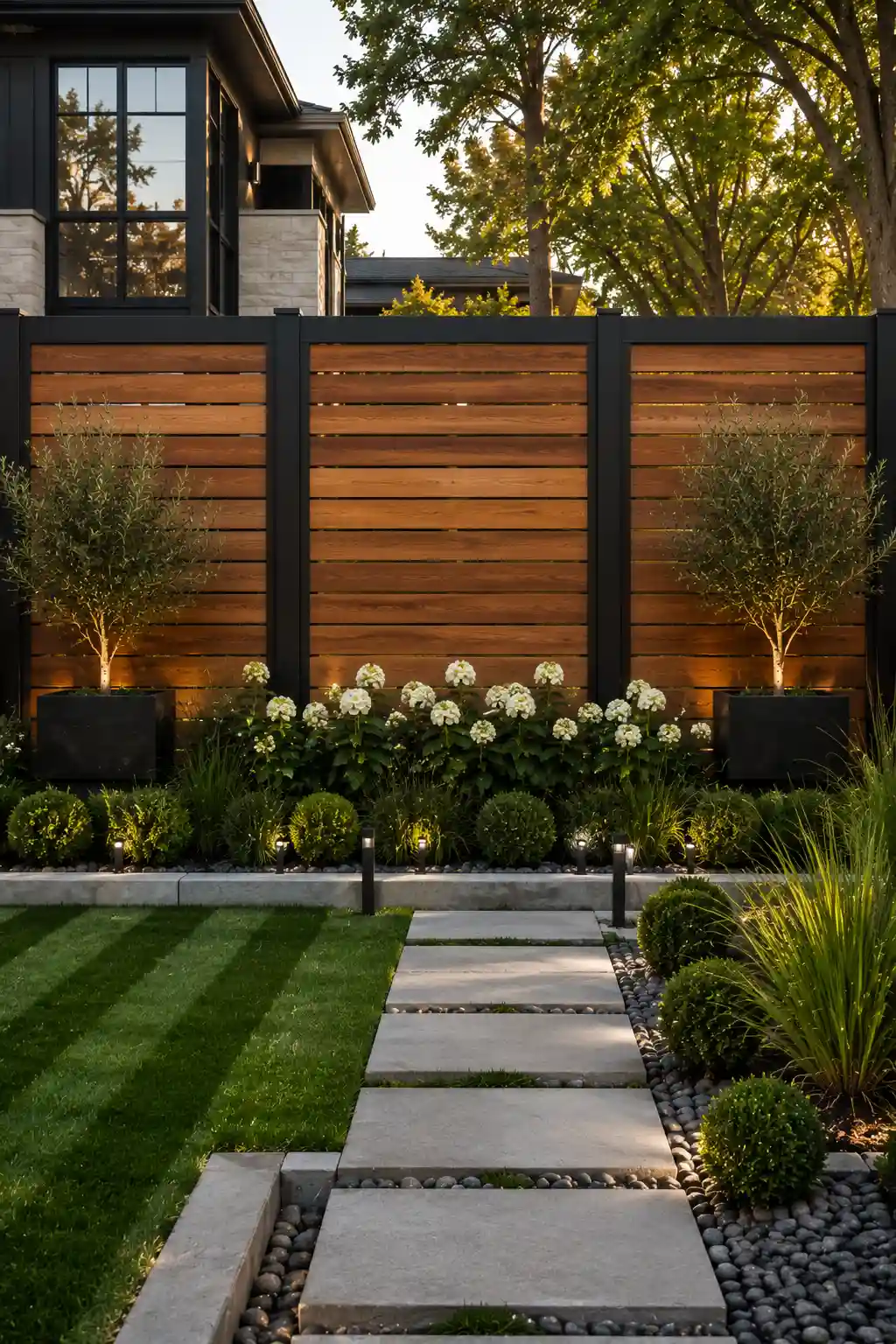 Luxury mixed wood and black steel garden fence with horizontal cedar panels, bold black framing, modern concrete stepping stones, white hydrangeas, ornamental grasses, boxwood shrubs, olive trees, decorative landscape lighting, elegant backyard privacy fence, contemporary outdoor living inspiration, designer fencing ideas.