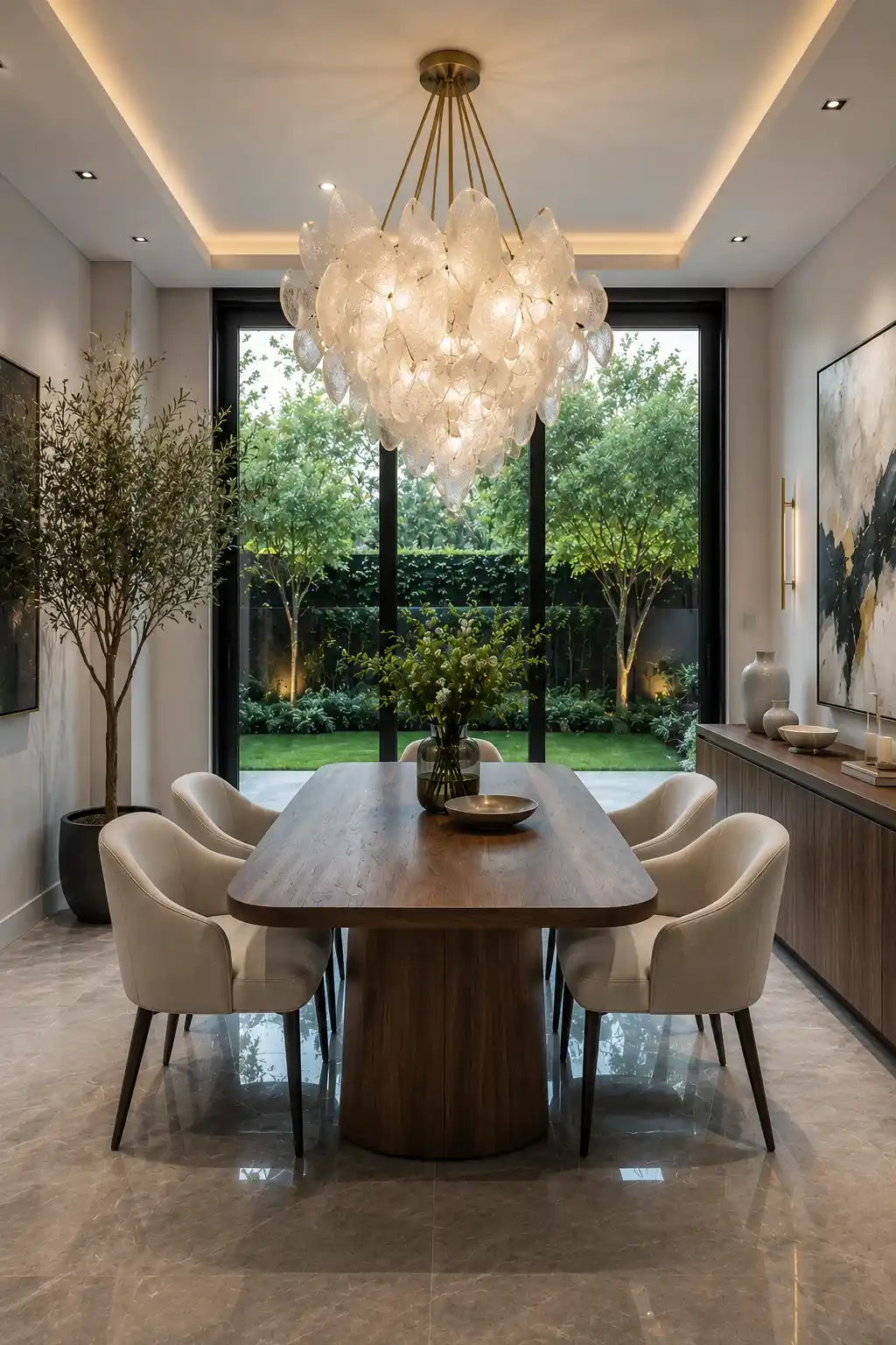 Elegant small dining room showcasing a dramatic sculptural statement chandelier above a solid walnut dining table, upholstered chairs, contemporary sideboard, oversized abstract artwork, polished porcelain flooring, indoor plants, and luxury modern home décor.