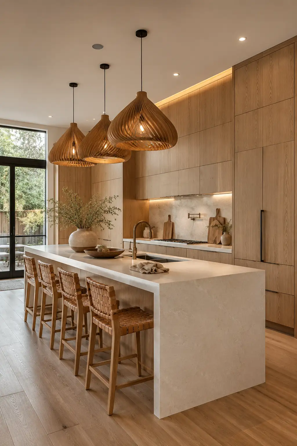 Modern white oak kitchen with sculptural wooden pendant lights above a large waterfall kitchen island, natural oak cabinetry, woven leather bar stools, stone countertops, warm ambient lighting, handcrafted wood lighting fixtures, minimalist luxury kitchen design, contemporary kitchen island lighting ideas, organic modern kitchen inspiration, designer home interior