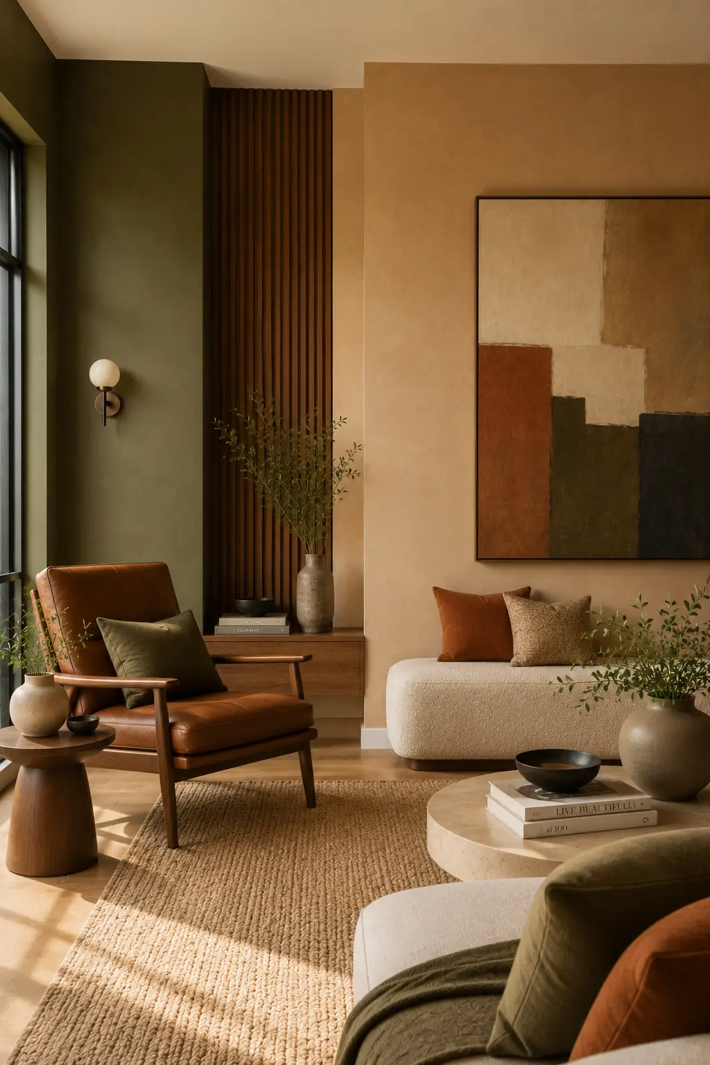 Warm mid century modern living room with rich earth tone accents, walnut leather lounge chair, oversized abstract artwork, olive green feature wall, vertical walnut slat panel, neutral boucle seating, woven rug, ceramic decor, natural wood finishes, cozy luxury interior, designer living room ideas.