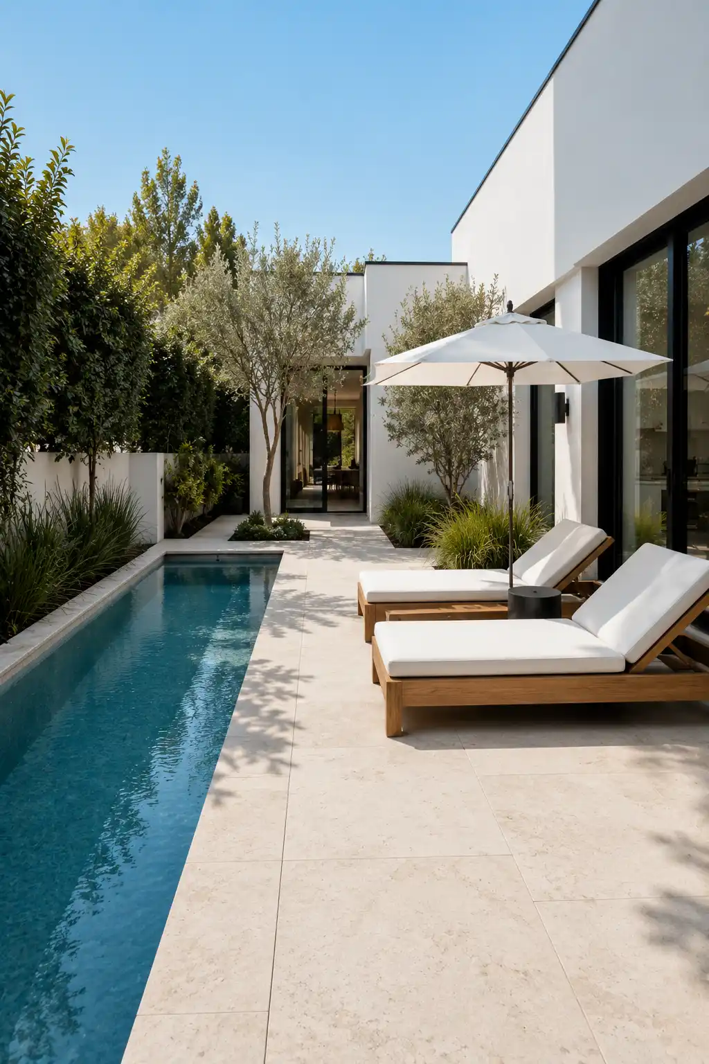 Compact luxury backyard pool with cream limestone decking, premium teak chaise lounge chairs, oversized patio umbrella, modern white home, floor to ceiling glass doors, olive trees, ornamental grasses, minimalist landscaping, elegant outdoor living area, small backyard pool inspiration, luxury compact pool design, sophisticated home pool ideas.