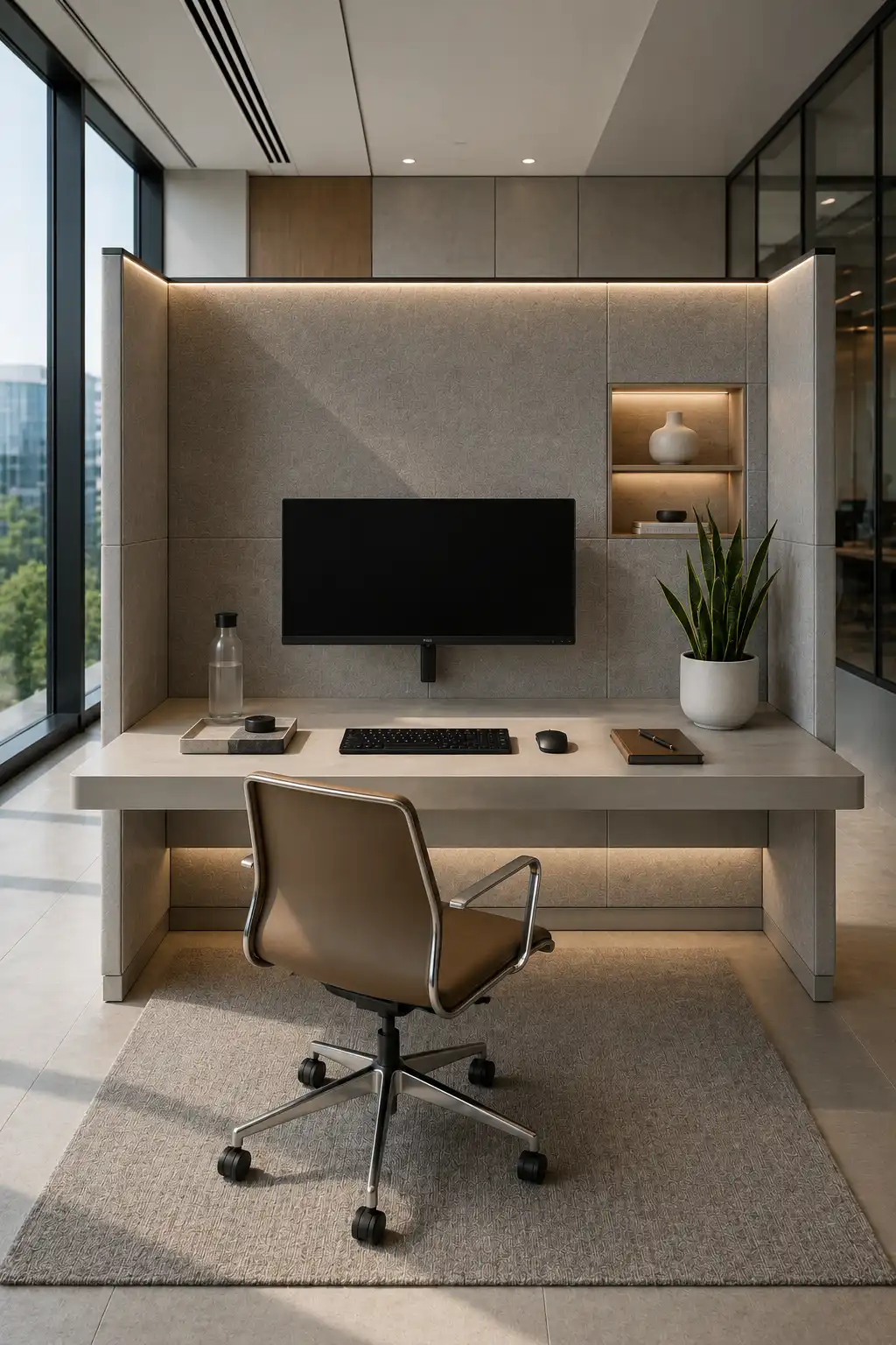 Minimalist cubicle decor ideas featuring built in LED lighting, sleek office desk, hidden storage niche, neutral office decor, modern office chair, indoor snake plant, clean workspace design, luxury office styling, elegant cubicle setup, and contemporary workspace inspiration.