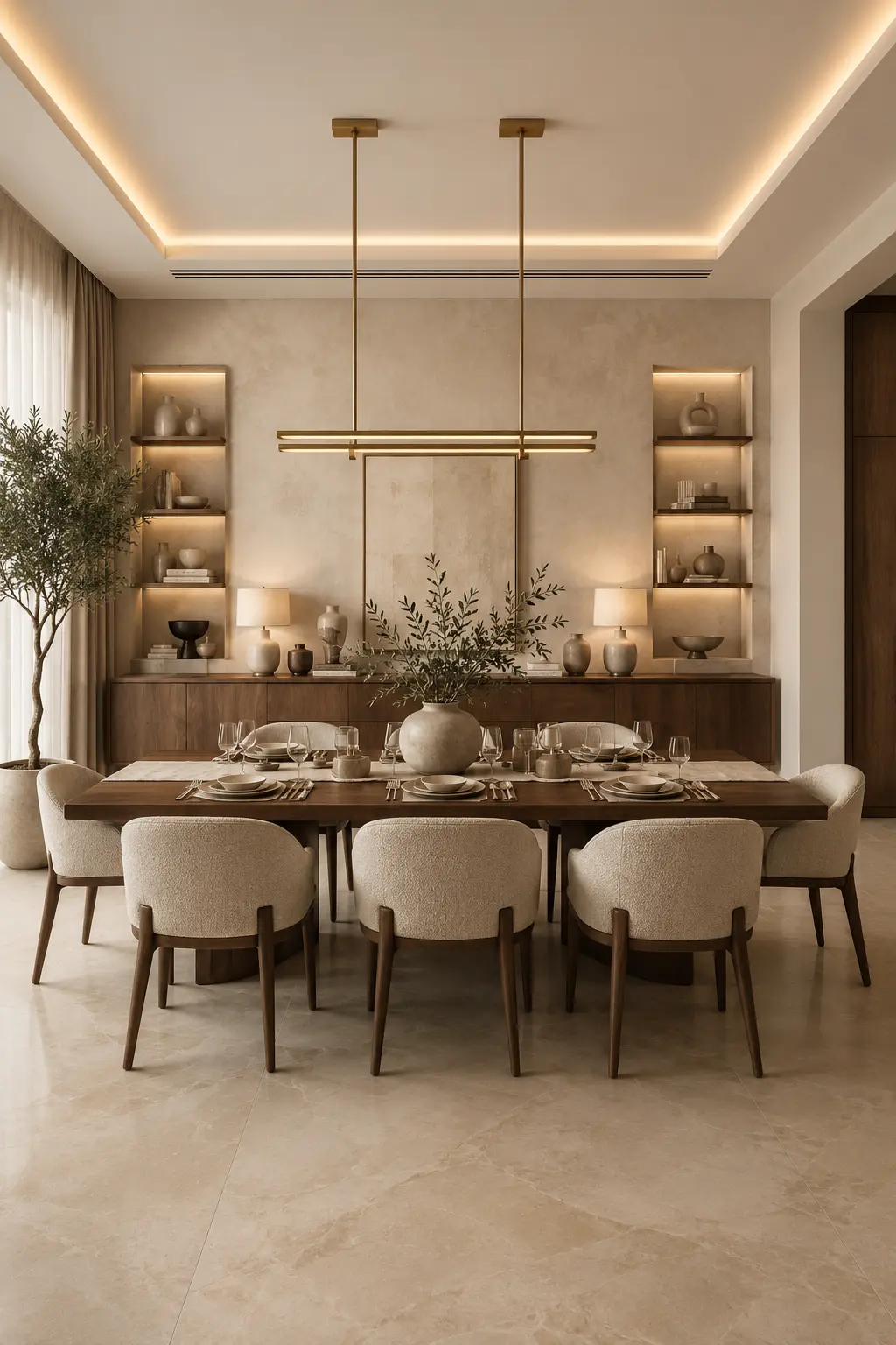 Elegant dining room with illuminated floating shelves, built in walnut cabinetry, warm ambient LED lighting, solid wood dining table, upholstered dining chairs, decorative ceramic accessories, neutral contemporary décor, and stylish modern dining room inspiration for luxury homes.