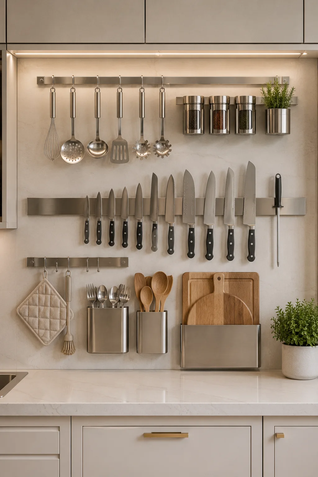 Luxury magnetic kitchen wall organizer with stainless steel knife strip, hanging cooking utensils, spice containers, wall mounted kitchen storage rails, cutting board holder, modern backsplash organization, premium kitchen wall storage ideas, custom small kitchen organization, space saving kitchen accessories inspiration.