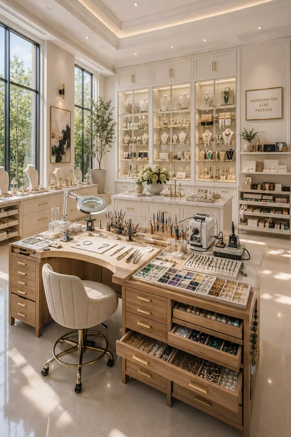 Luxury jewelry making studio featuring elegant curved workbench, gemstone storage drawers, illuminated glass display cabinets, organized jewelry making tools, gold accents, premium magnifying lamp, comfortable workspace, polished wood cabinetry, boutique style displays, designer lighting, sophisticated jewelry workshop, modern hobby room ideas, luxury craft studio inspiration, professional jewelry room design.