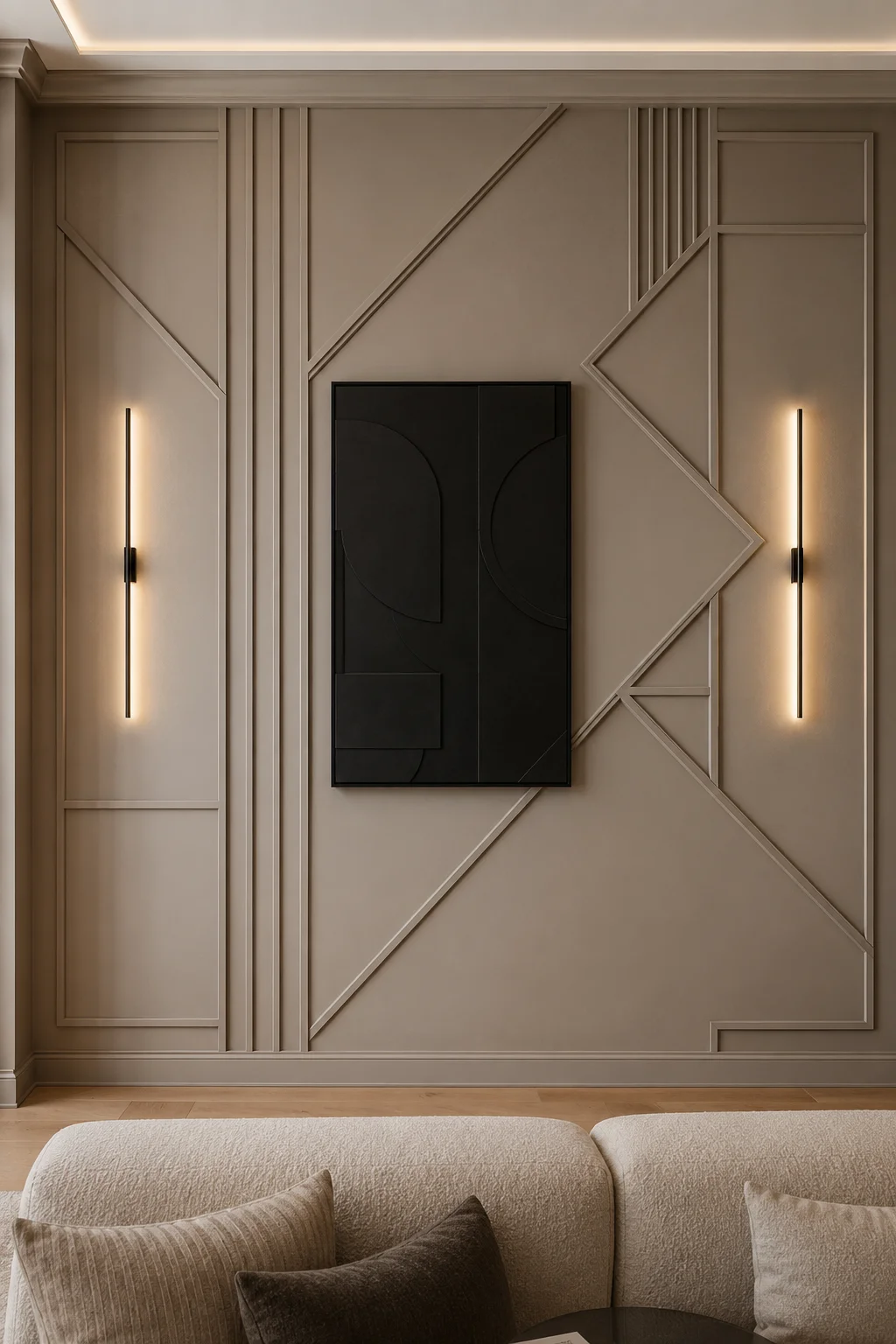 Modern geometric living room wall molding featuring bold diagonal trim patterns, architectural wall panels, black abstract artwork, slim linear wall sconces, neutral luxury interior, and contemporary custom feature wall inspiration.