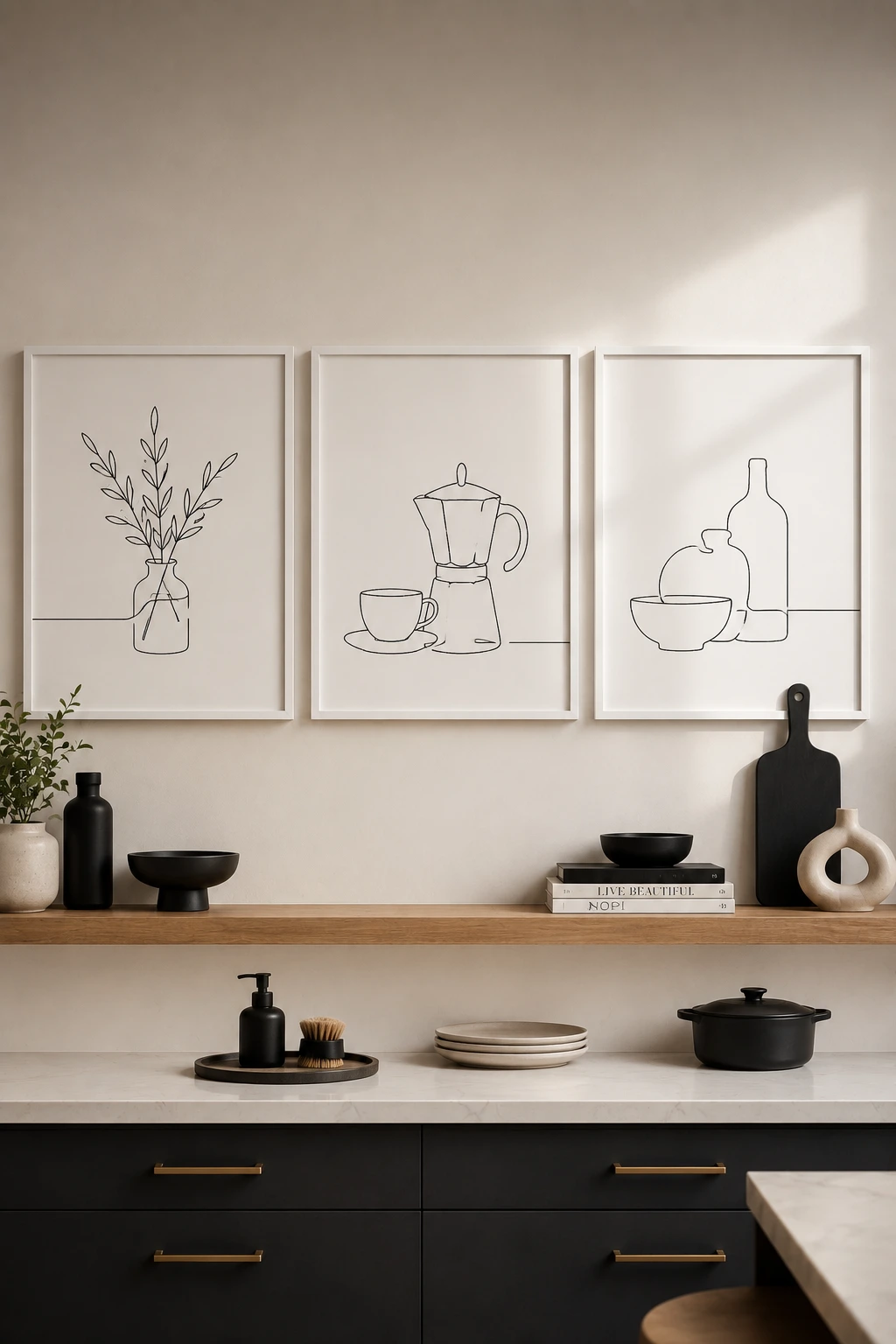 Minimalist line art kitchen wall prints in matching white frames featuring botanical sketches, coffee illustrations, and modern still life artwork above floating shelves with contemporary kitchen decor.