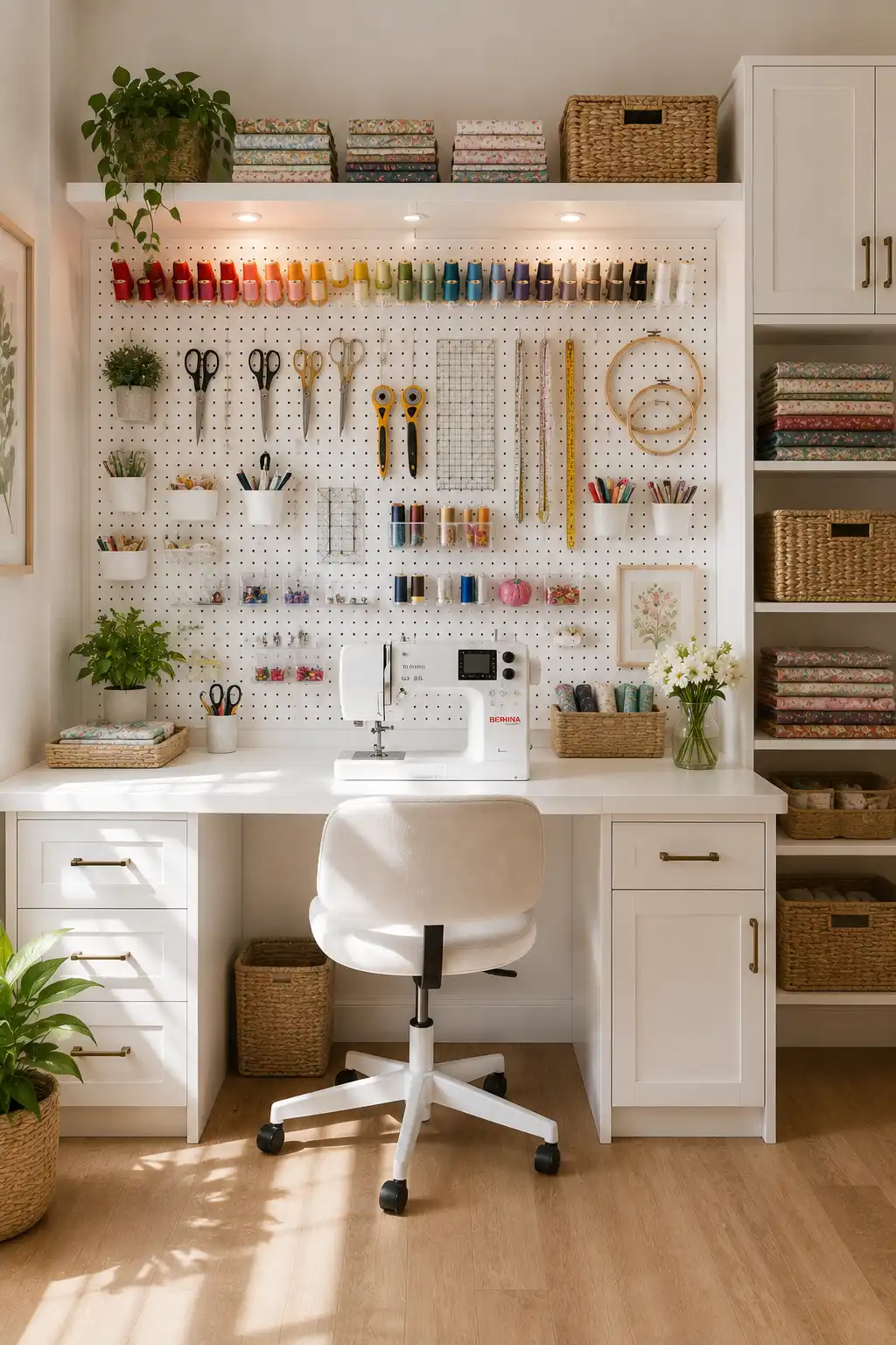 Functional small sewing room featuring a full pegboard organization wall with thread racks, sewing tools, embroidery hoops, floating shelves, custom desk, organized storage containers, and practical small sewing room organization ideas for everyday crafting.