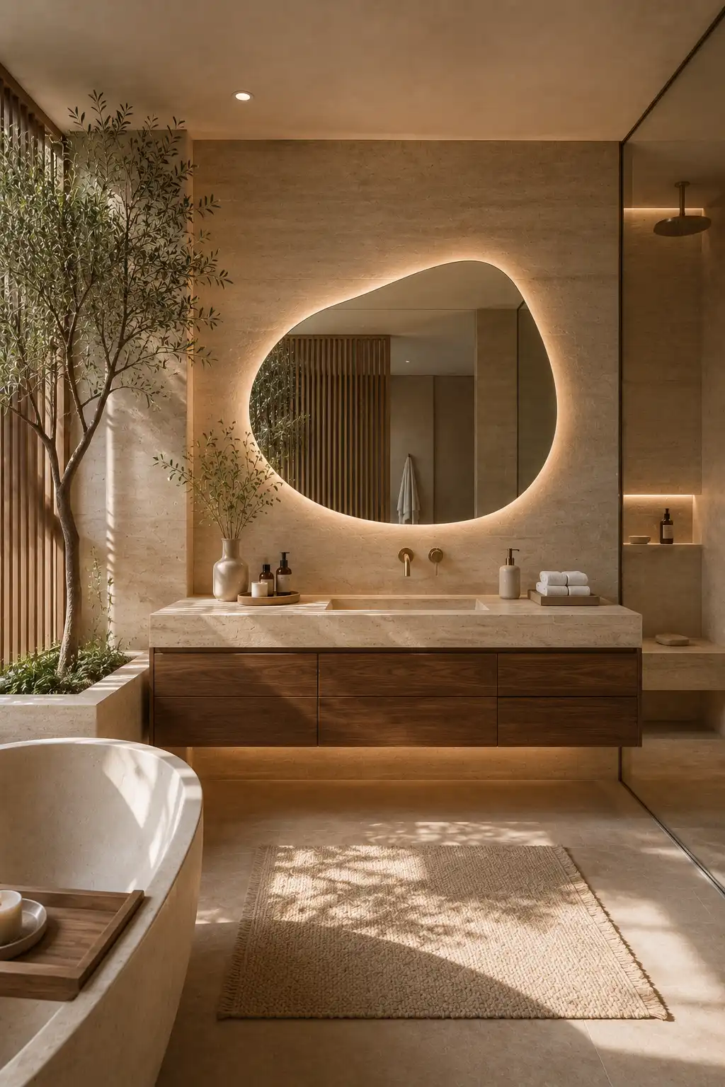 Spa inspired modern bathroom vanity with floating walnut cabinetry, creamy limestone countertop, integrated sink, large organic shaped backlit mirror, indoor tree, warm natural stone walls, and calming luxury bathroom decor.