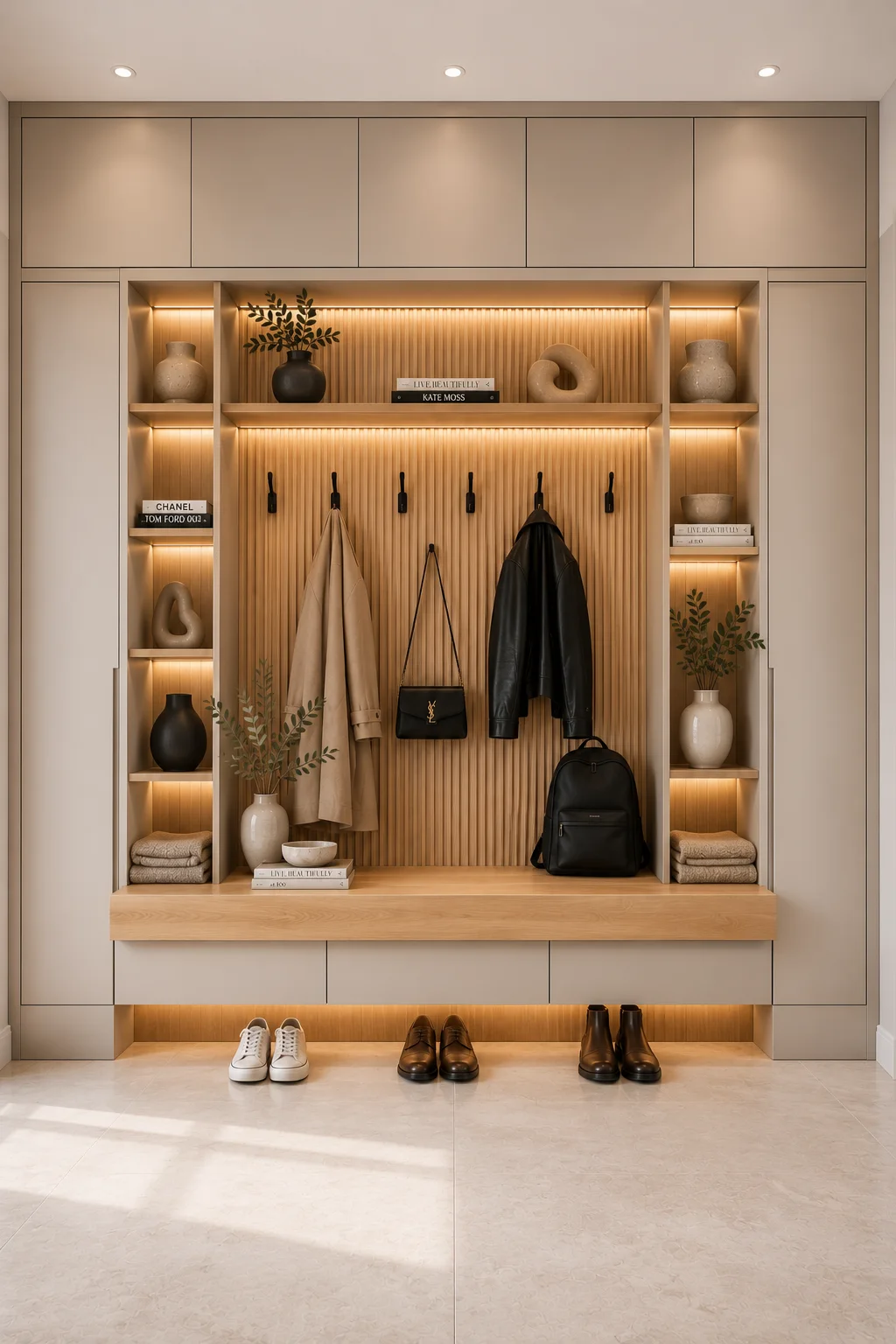 Luxury IKEA mudroom with illuminated display shelving, floating wood bench, vertical slat wall, designer décor styling, tall storage cabinets, matte black hooks, warm lighting, and premium built in entryway storage inspiration.