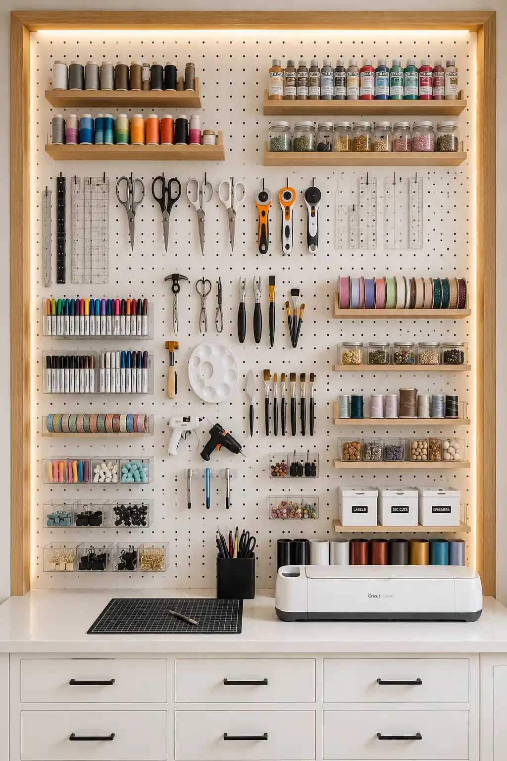 Modern craft room pegboard wall with scissors, rulers, paint brushes, glue guns, markers, ribbon, thread, jars, floating shelves, Cricut machine, acrylic organizers, and custom pegboard storage ideas designed to keep essential craft tools organized, visible, and easy to reach.