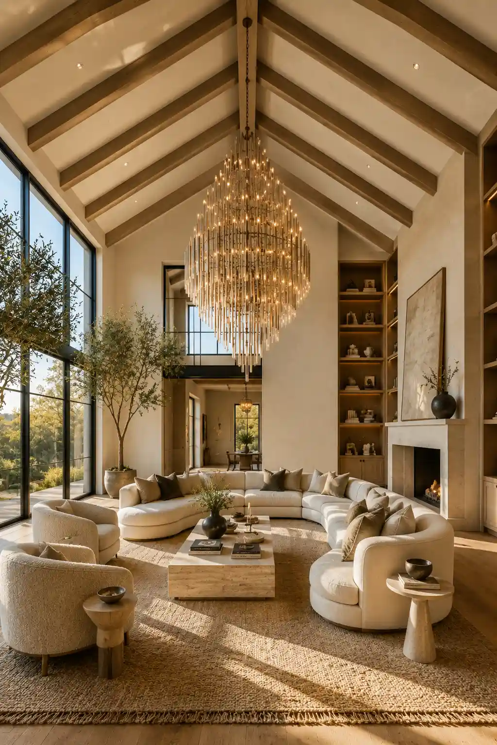 Luxury living room featuring a grand crystal statement chandelier suspended beneath a soaring slanted ceiling with exposed beams, oversized windows, curved cream sofas, stone fireplace, modern coffee table, elegant architectural interior, vaulted ceiling lighting inspiration, designer living room with abundant natural light and high end contemporary styling.