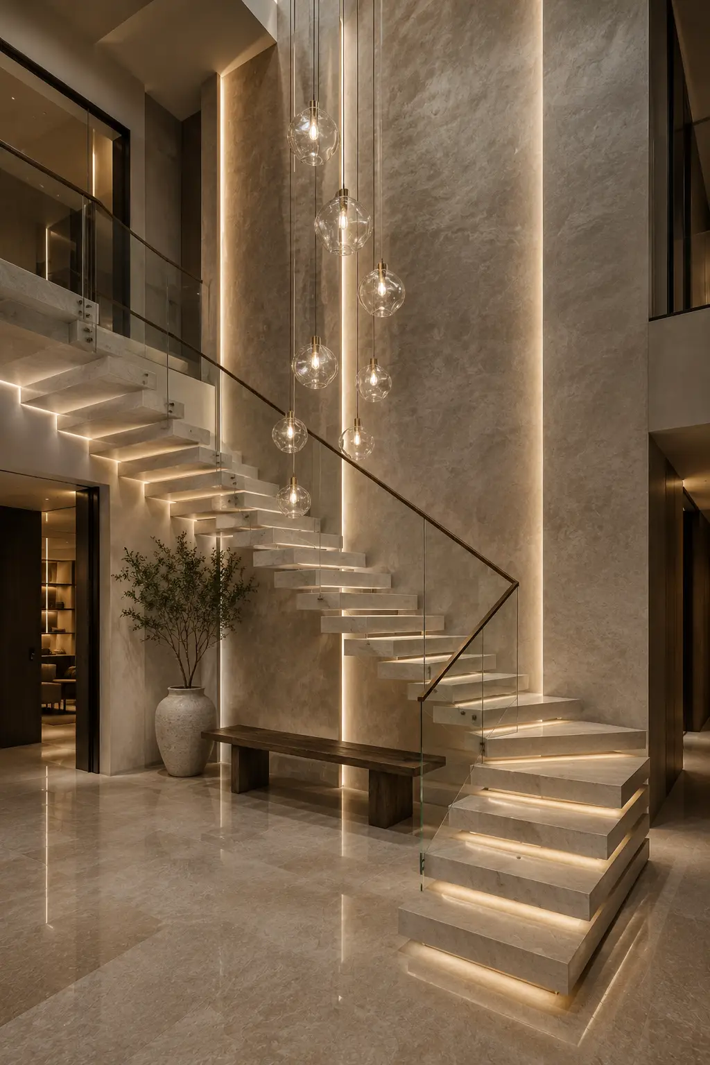 Modern double height staircase decorated with cascading clear glass globe pendant lights hanging at varied heights, floating stone steps with warm integrated lighting, frameless glass railing, textured neutral walls, wooden bench, and a tall indoor tree in a ceramic planter.