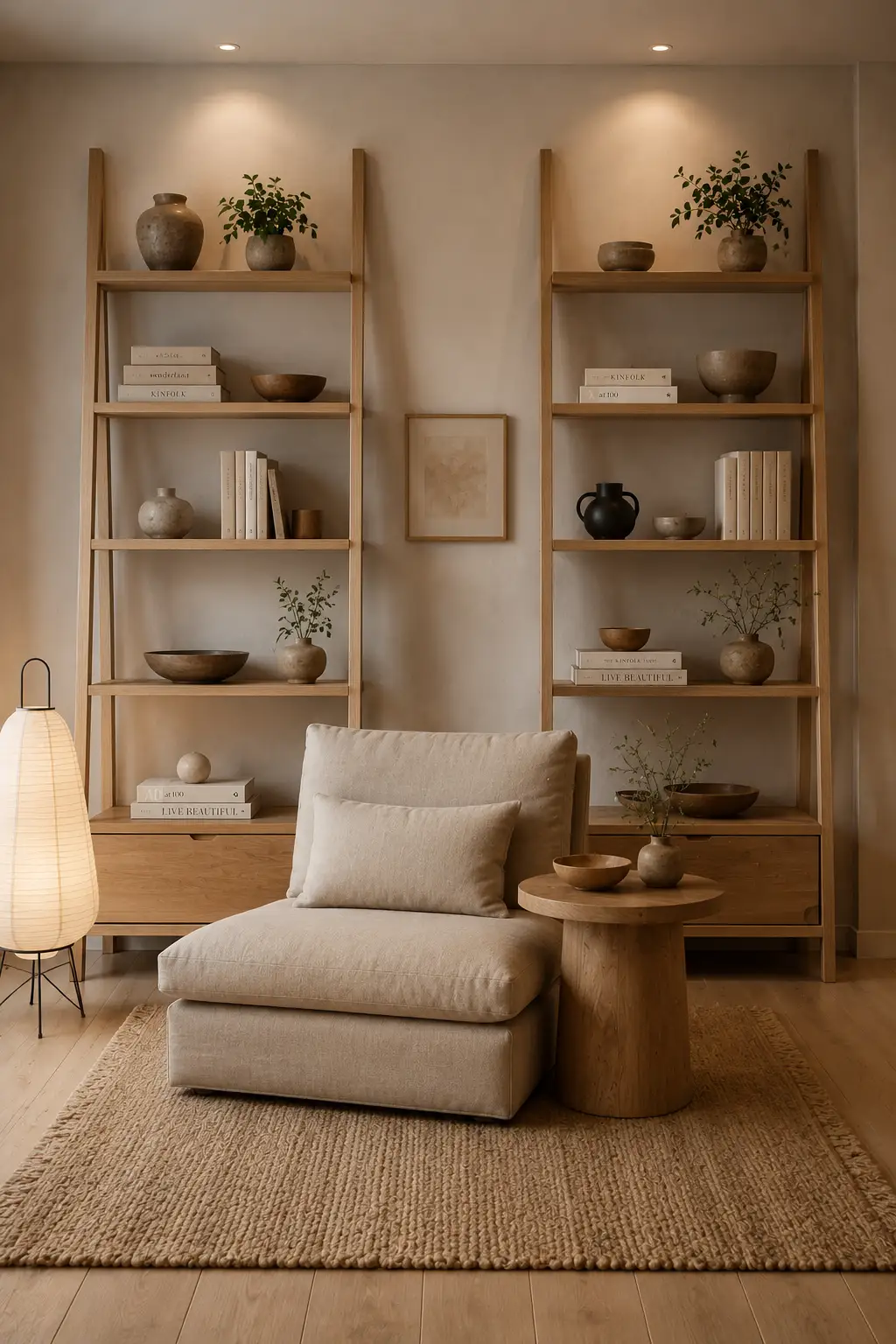 Japandi ladder bookshelves in warm natural wood styled with neutral books, handmade pottery, wooden bowls, and simple green branches, paired with a low linen lounge chair, round wooden side table, paper floor lamp, and textured woven rug.
