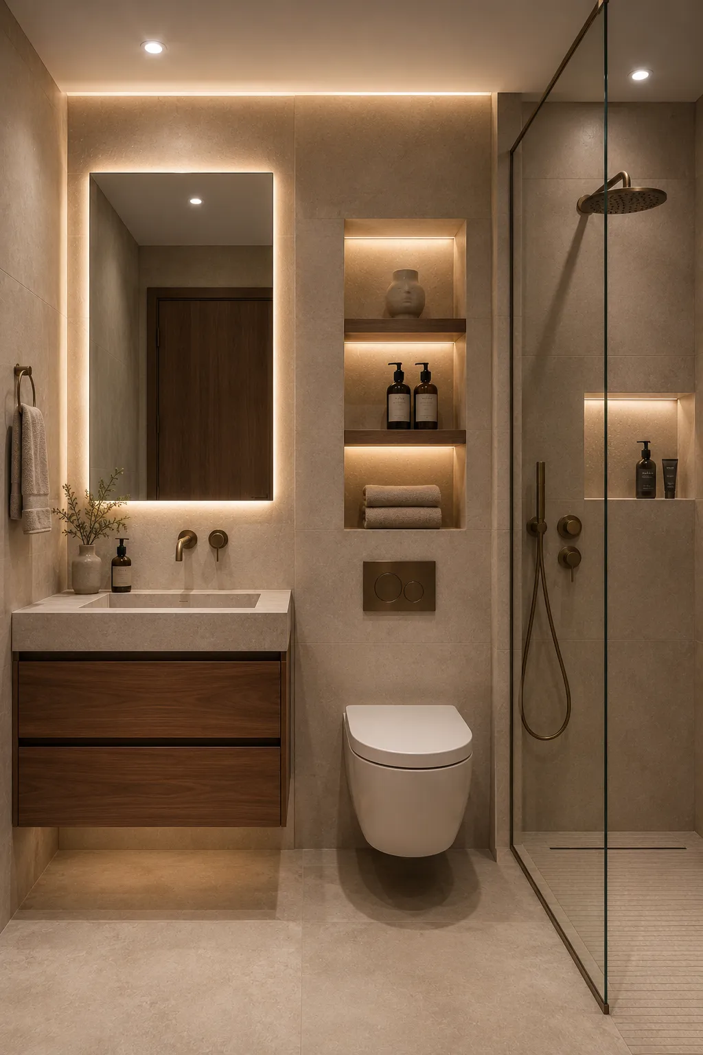 Space saving modern small bathroom featuring a wall mounted walnut vanity, integrated stone sink, wall hung toilet, frameless glass walk in shower, brushed bronze fixtures, multiple illuminated recessed niches, large backlit mirror, and warm neutral stone surfaces.