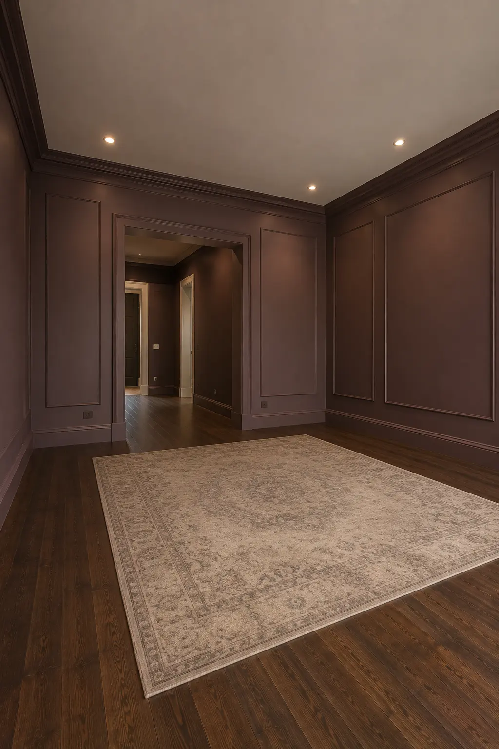 Empty moody living room with rich plum brown painted walls, classic decorative panel molding, deep brown wood flooring, warm recessed ceiling lights, and a large vintage style cream and taupe patterned rug.