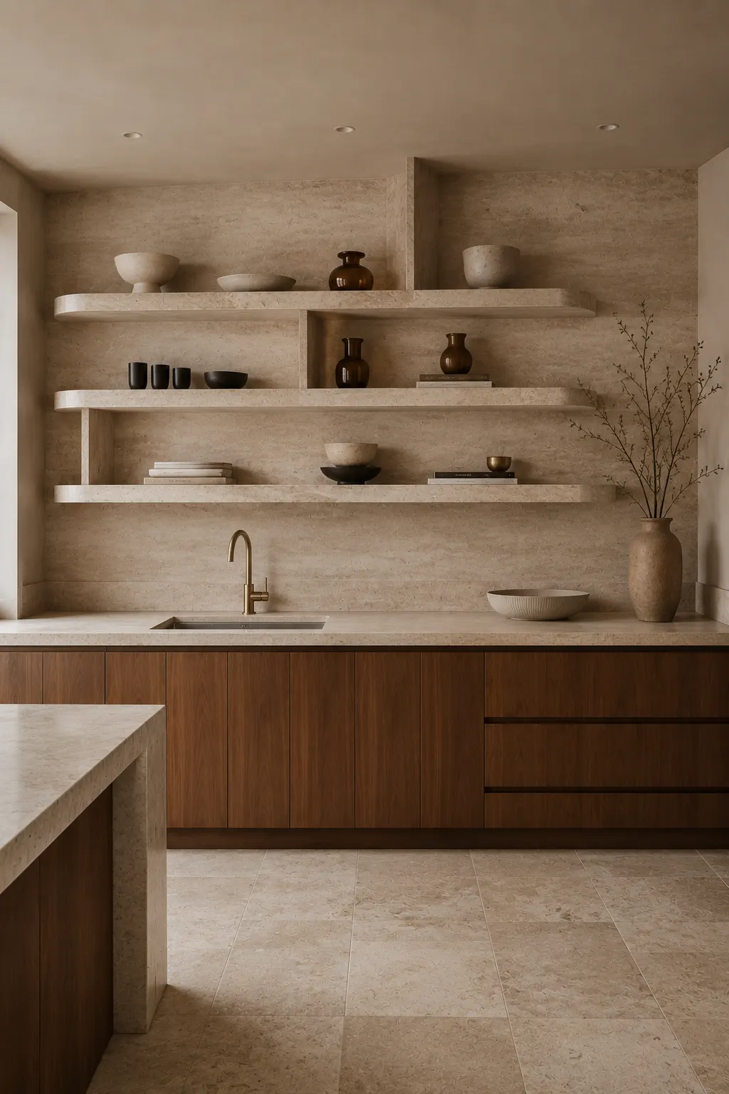 Luxury modern kitchen featuring sculptural stone open shelves that blend into a seamless textured stone backsplash, with layered shelf lengths, architectural vertical dividers, neutral bowls, dark ceramic vases, stacked books, minimal glassware, walnut cabinets, and limestone flooring.