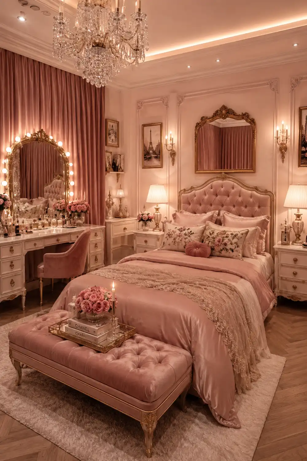 Parisian pink dorm room with tufted blush bed, ornate gold mirrors, crystal chandelier, elegant vanity, floral pillows, luxury lighting, blush curtains, vintage furniture, plush rug, and French inspired dorm room décor.