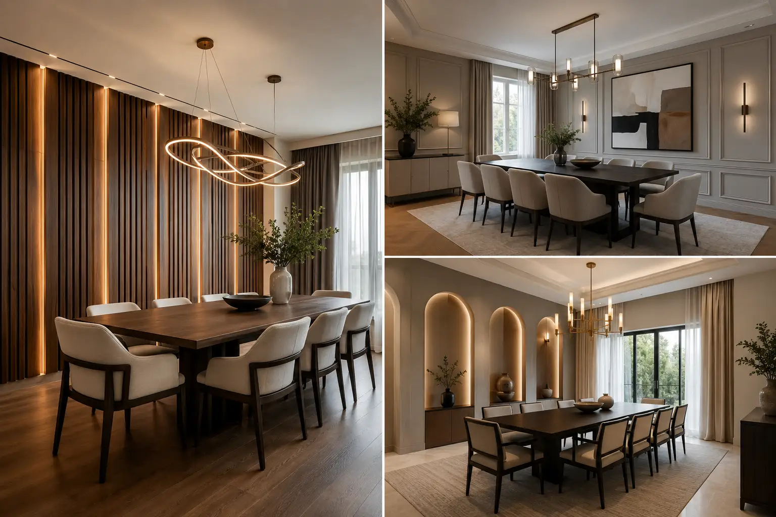 Modern dining room wall decor ideas collage featuring three stylish contemporary interiors with a full height fluted wood feature wall and integrated lighting, elegant wall molding with oversized abstract art and sconces, and illuminated arched wall niches with modern dining tables, upholstered chairs, and statement chandeliers.