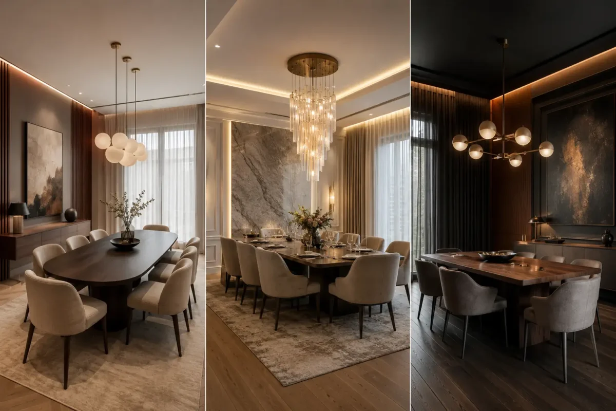 Horizontal featured image collage showing three modern dining room ideas, including a warm contemporary dining space with an oval dark wood table and globe pendant lights, an elegant luxury dining room with a statement crystal chandelier and neutral upholstered chairs, and a dark moody dining room with rich wood finishes, dramatic wall art, and warm ambient lighting.