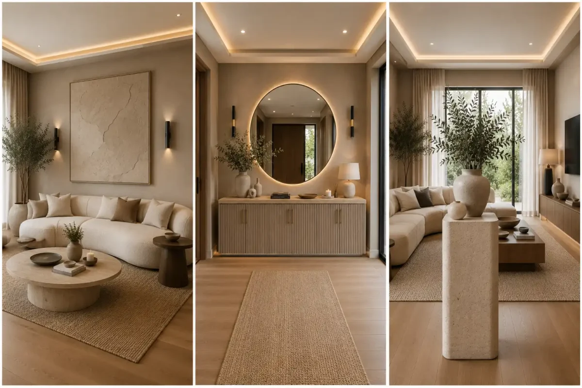 Featured collage showcasing contemporary DIY home decor ideas including oversized textured canvas wall art, a fluted entryway console cabinet with a backlit round mirror, and a faux travertine pedestal display in luxurious modern interiors with warm neutral colors, oak flooring, concealed LED lighting, cream furniture, and elegant designer styling.