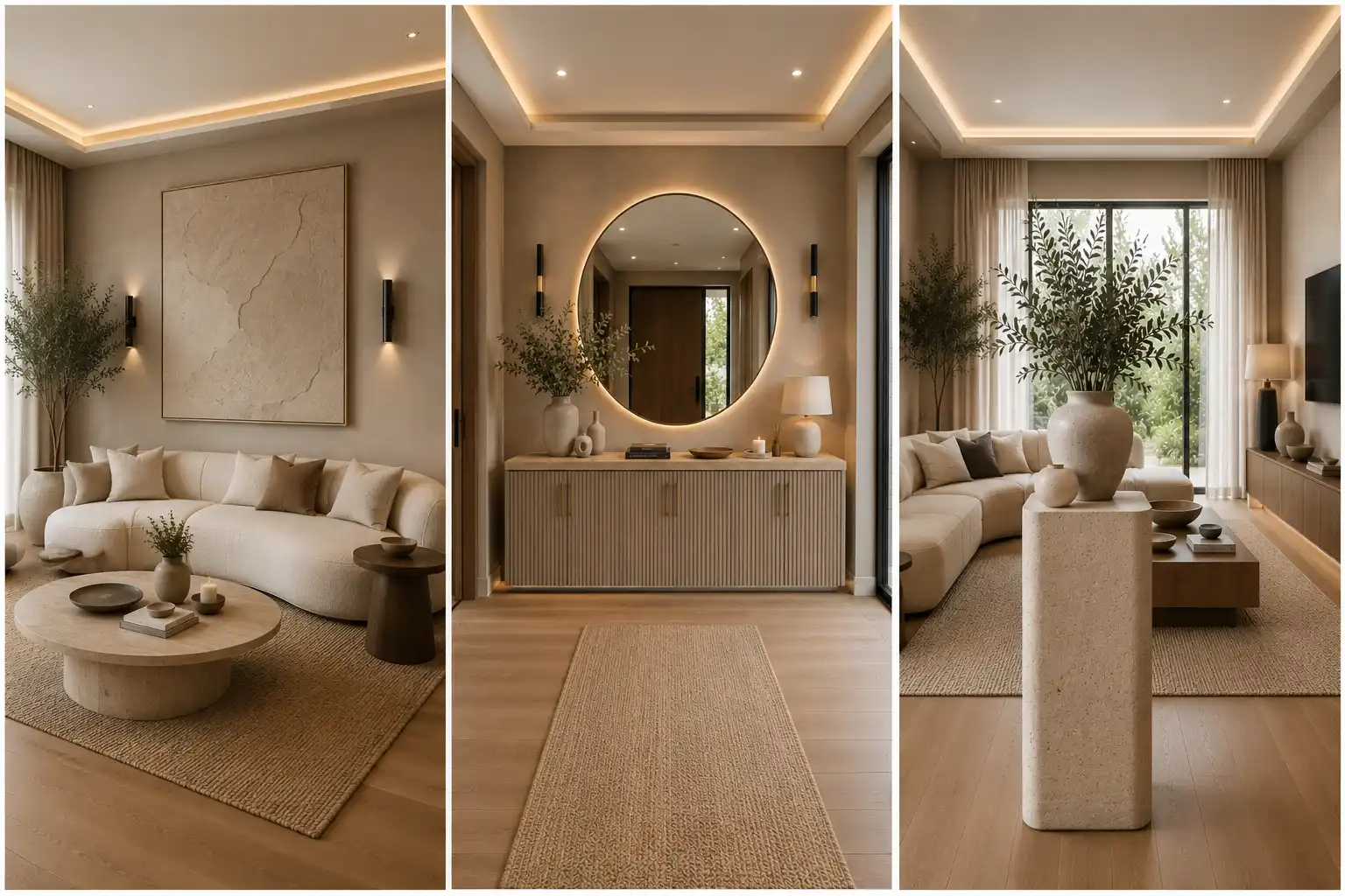 Featured collage showcasing contemporary DIY home decor ideas including oversized textured canvas wall art, a fluted entryway console cabinet with a backlit round mirror, and a faux travertine pedestal display in luxurious modern interiors with warm neutral colors, oak flooring, concealed LED lighting, cream furniture, and elegant designer styling.