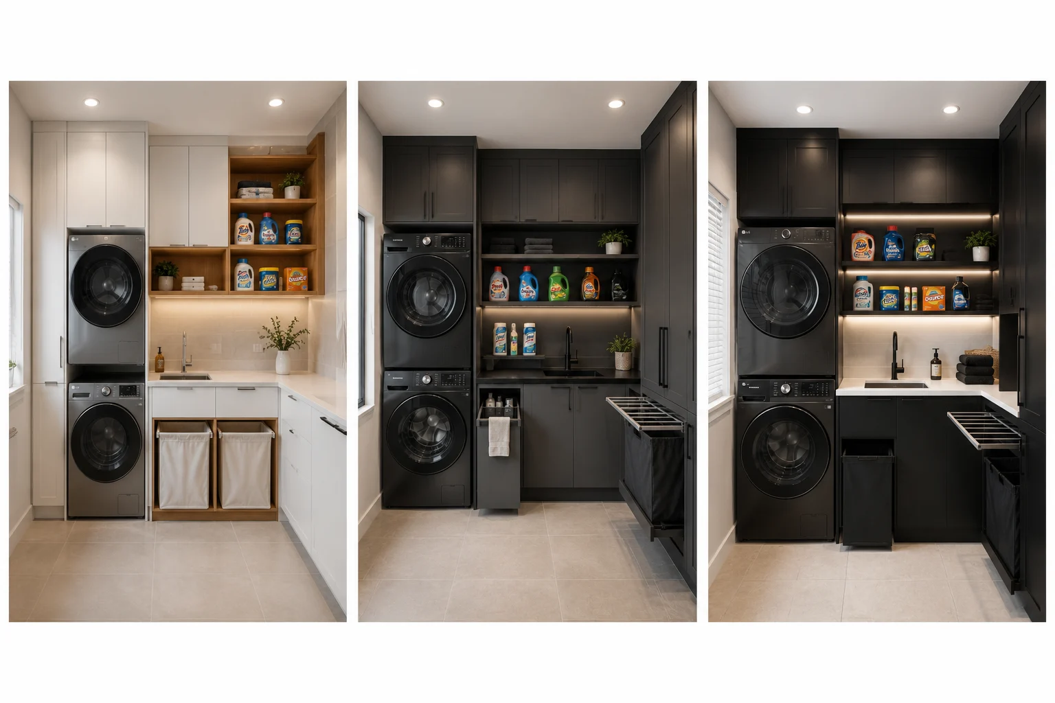 Modern laundry room ideas collage featuring three stylish utility room designs with stacked front load washer and dryer, smart storage cabinets, open shelving, pull out laundry hampers, integrated utility sinks, quartz countertops, warm LED lighting, and space saving layouts in white, charcoal black, and matte black finishes for contemporary homes.
