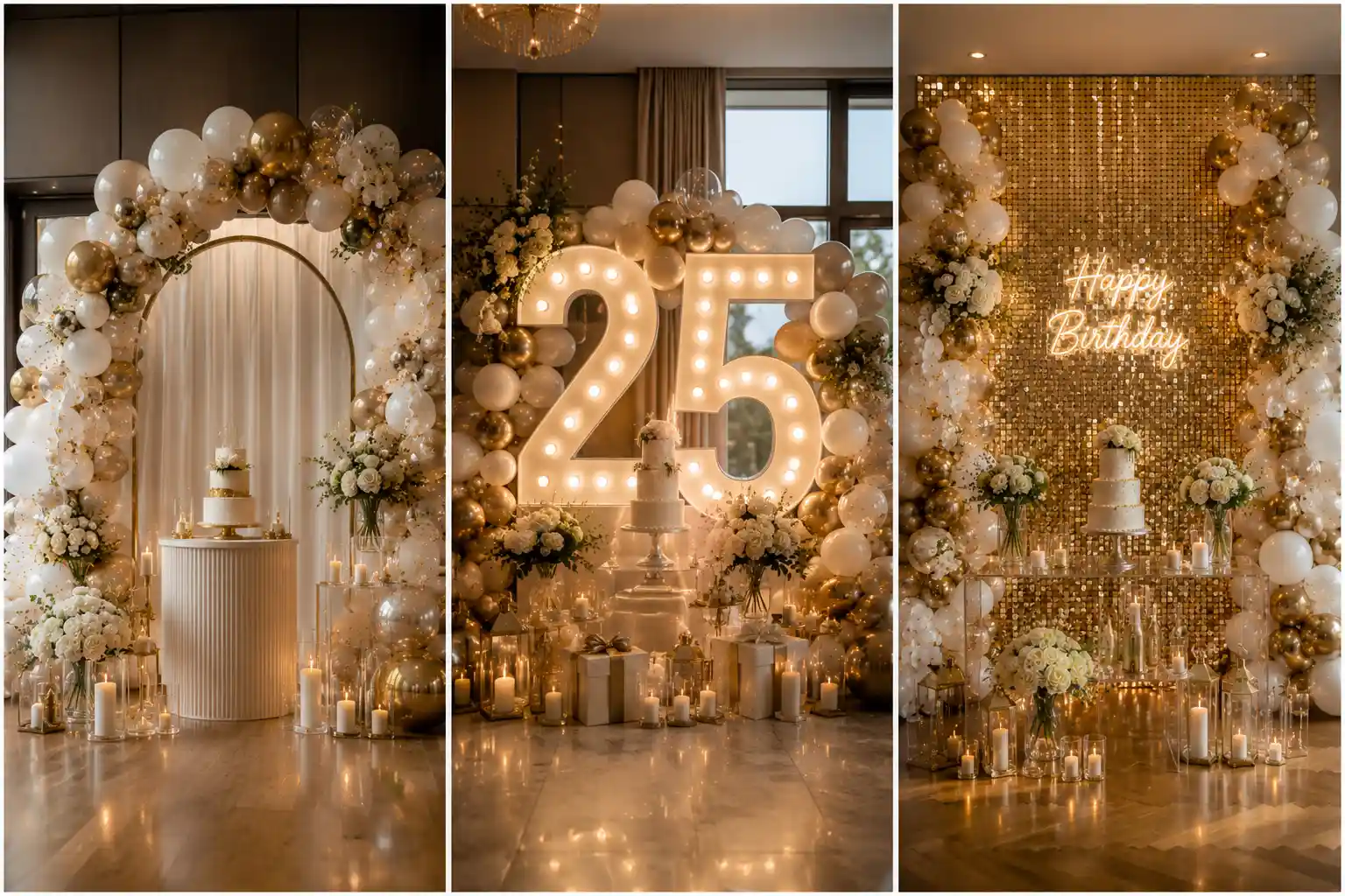 Luxury birthday decoration ideas collage featuring an elegant balloon arch backdrop, oversized LED marquee numbers, glamorous gold shimmer wall, white and gold balloon garlands, fresh white floral arrangements, premium cake displays, glowing candles, acrylic décor, and modern birthday party inspiration for stylish milestone celebrations.
