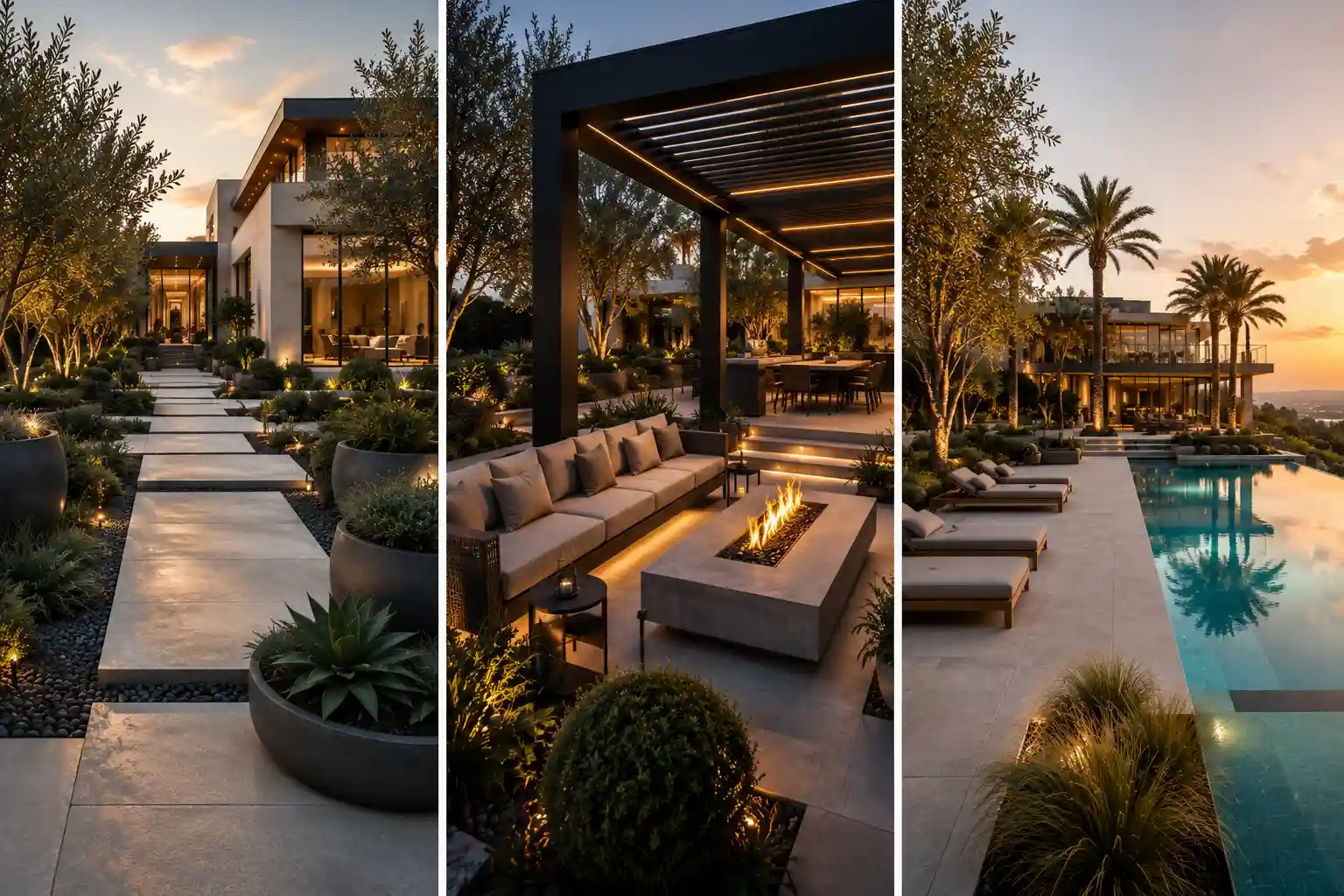 Luxury modern garden collage featuring a minimalist concrete garden pathway, contemporary pergola with integrated LED lighting, elegant outdoor fire pit lounge, infinity edge swimming pool, architectural landscaping, oversized designer planters, mature olive trees, premium outdoor living space, resort style backyard, modern landscape architecture, luxury backyard inspiration, contemporary garden decor, high end residential landscaping, stylish outdoor entertaining area, and elegant modern home exterior. garden decor ideas