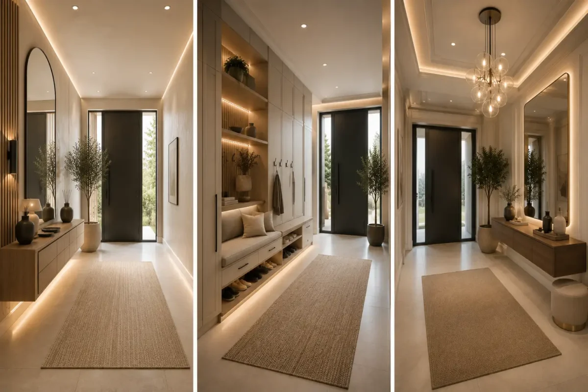 Luxury modern smart entrance hall ideas collage featuring three stylish contemporary entryway designs with floating console tables, floor to ceiling built in storage cabinets, elegant upholstered bench seating, oversized LED backlit mirrors, warm wood finishes, recessed ceiling lighting, statement pendant lighting, indoor olive trees, textured runner rugs, matte black front doors, hidden shoe storage, neutral color palette, and premium architectural interiors perfect for modern home entrance inspiration.