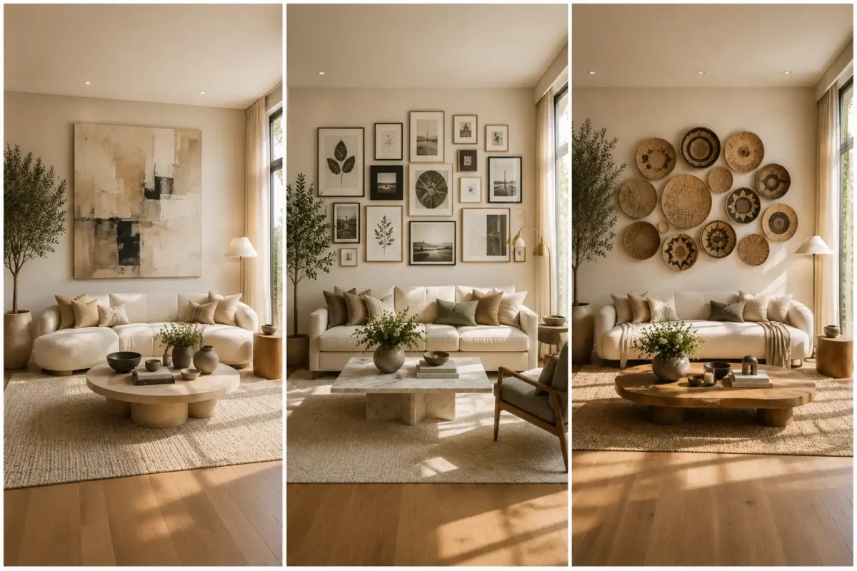 Three luxurious DIY wall art ideas displayed in a modern neutral living room featuring a large abstract canvas painting, stylish gallery wall with framed artwork, and handcrafted woven basket wall décor arranged in a clean three panel grid with cream sofas, travertine coffee tables, oak flooring, indoor olive trees, floor to ceiling windows, warm natural sunlight, elegant contemporary furniture, and inspiring DIY wall art ideas for decorating blank walls.