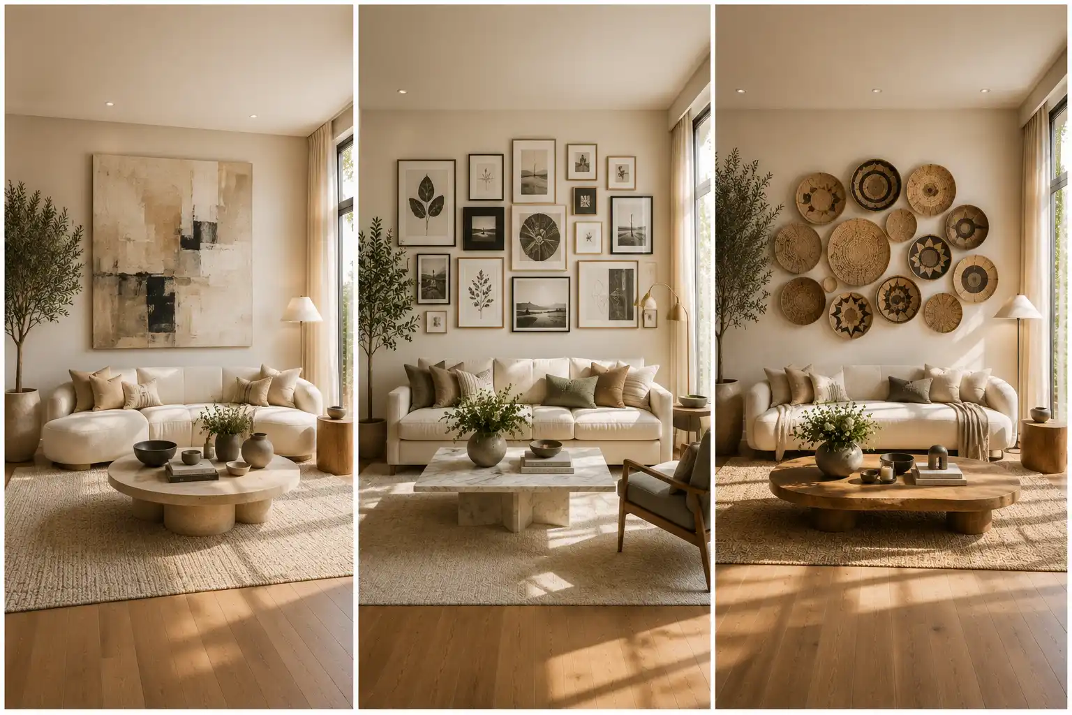 Three luxurious DIY wall art ideas displayed in a modern neutral living room featuring a large abstract canvas painting, stylish gallery wall with framed artwork, and handcrafted woven basket wall décor arranged in a clean three panel grid with cream sofas, travertine coffee tables, oak flooring, indoor olive trees, floor to ceiling windows, warm natural sunlight, elegant contemporary furniture, and inspiring DIY wall art ideas for decorating blank walls.