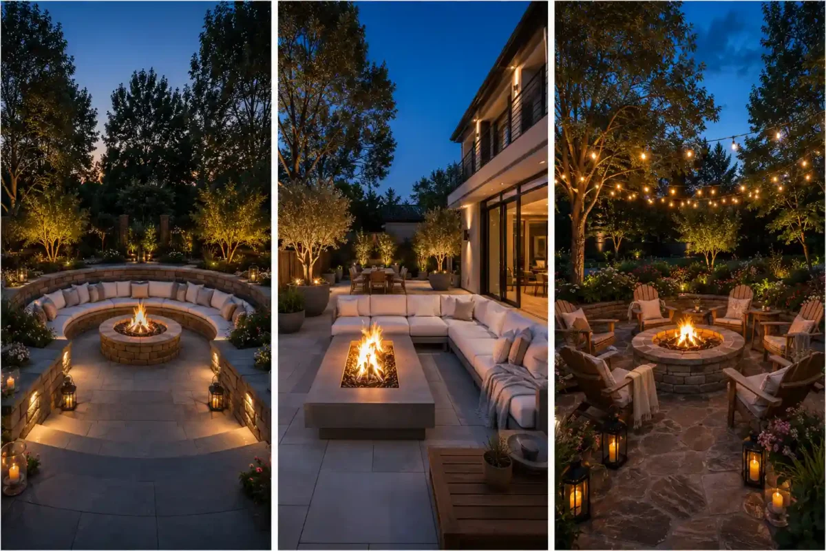 Luxury backyard cozy fire pit ideas featuring three premium outdoor entertaining spaces in a three panel collage, including a sunken stone fire pit with built in seating, a modern concrete fire table with sectional sofa, and a classic circular stone fire pit with Adirondack chairs under café string lights, surrounded by lush landscaping, glowing lanterns, mature trees, elegant patios, and warm evening lighting for cozy backyard gatherings.