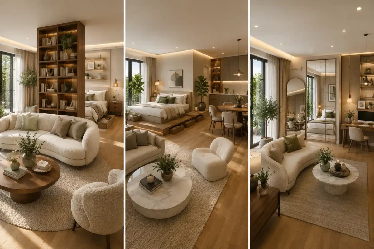 Luxury three panel studio apartment ideas collage featuring modern small apartment ideas with a floor to ceiling bookshelf room divider, raised platform bed with hidden storage, oversized floor mirror, multifunctional living room, cozy bedroom, round dining area, warm oak flooring, neutral home decor, large black framed windows, built in shelving, marble coffee tables, soft layered lighting, indoor plants, and elegant space saving interior design that makes one room feel like many.