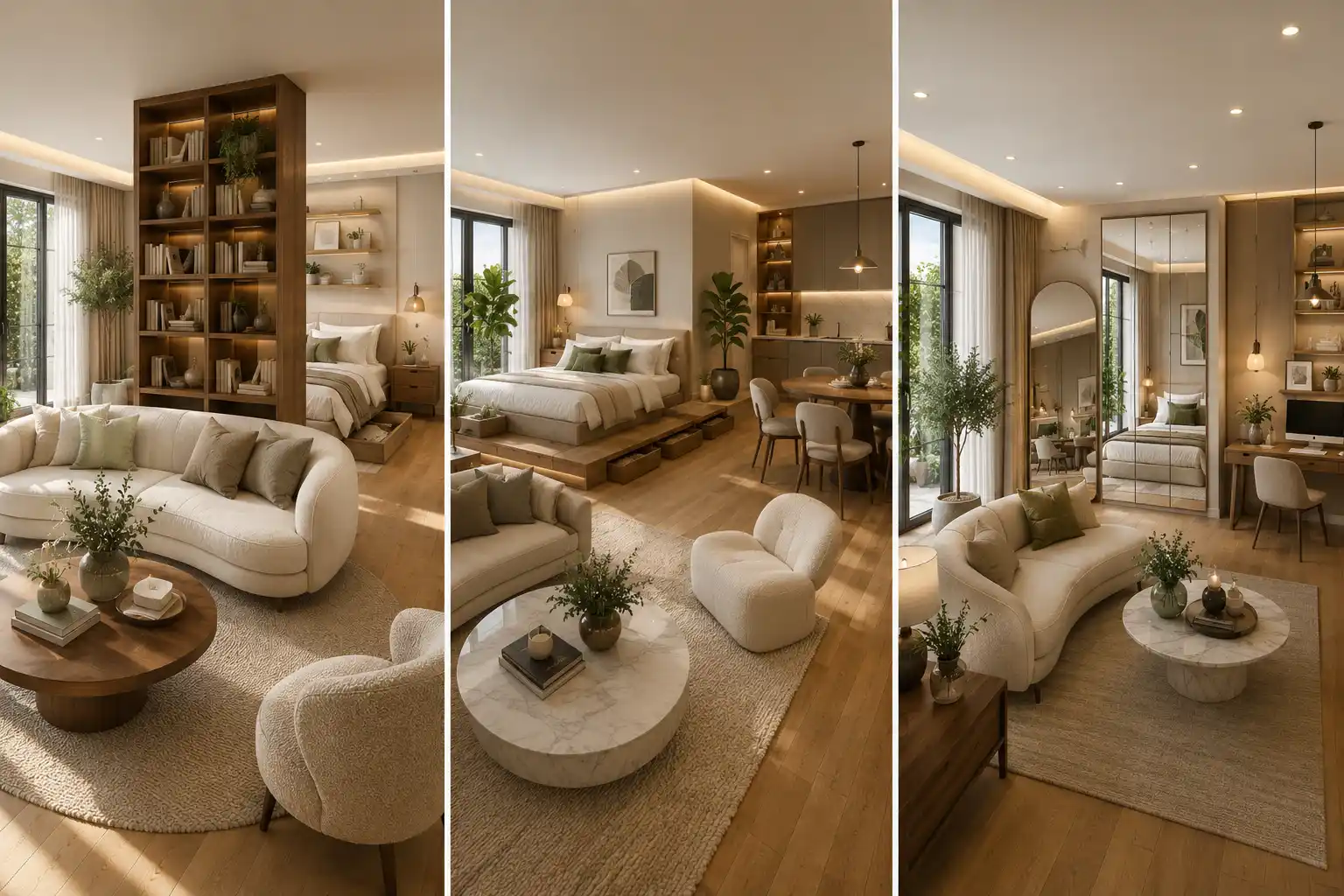Luxury three panel studio apartment ideas collage featuring modern small apartment ideas with a floor to ceiling bookshelf room divider, raised platform bed with hidden storage, oversized floor mirror, multifunctional living room, cozy bedroom, round dining area, warm oak flooring, neutral home decor, large black framed windows, built in shelving, marble coffee tables, soft layered lighting, indoor plants, and elegant space saving interior design that makes one room feel like many.