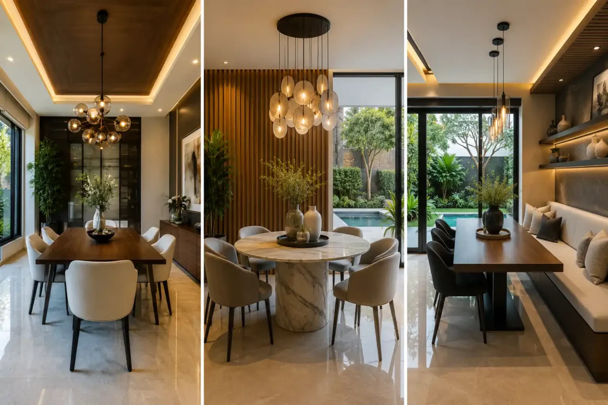 Luxury modern small dining room ideas collage featuring three contemporary dining room designs with a rectangular walnut dining table, round marble pedestal table, custom built in bench seating, designer pendant chandeliers, wood slat accent wall, floor to ceiling black framed windows, polished porcelain flooring, indoor plants, custom cabinetry, and elegant space saving dining room ideas for modern homes.