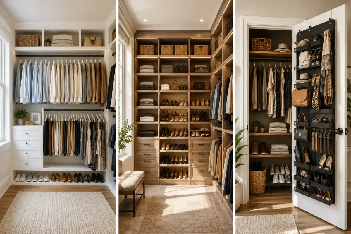 Featured image showcasing the best small closet organization ideas in one elegant collage featuring a double hanging rod closet, floor to ceiling custom shelving with shoe storage, and an over the door closet organizer for handbags, belts, shoes, and accessories. Luxury built in closet design with space saving storage solutions, modern wardrobe organization, and smart ideas to maximize every inch of a small closet while creating a clean, stylish, and functional space.
