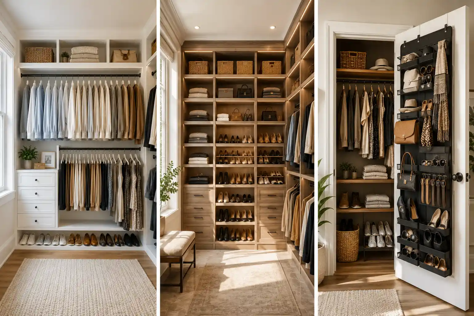 Featured image showcasing the best small closet organization ideas in one elegant collage featuring a double hanging rod closet, floor to ceiling custom shelving with shoe storage, and an over the door closet organizer for handbags, belts, shoes, and accessories. Luxury built in closet design with space saving storage solutions, modern wardrobe organization, and smart ideas to maximize every inch of a small closet while creating a clean, stylish, and functional space.