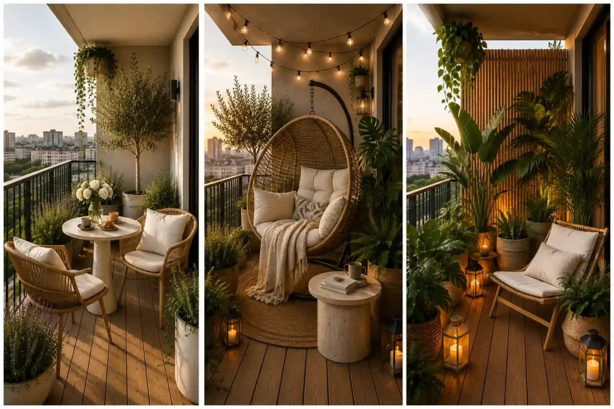 Luxury small balcony design ideas collage featuring three elegant outdoor oasis designs with a cozy bistro dining set, stylish hanging egg chair, lush tropical plants, bamboo privacy screen, warm string lights, natural wood decking, woven furniture, decorative lanterns, olive trees, and modern balcony decorating inspiration for small outdoor living spaces.