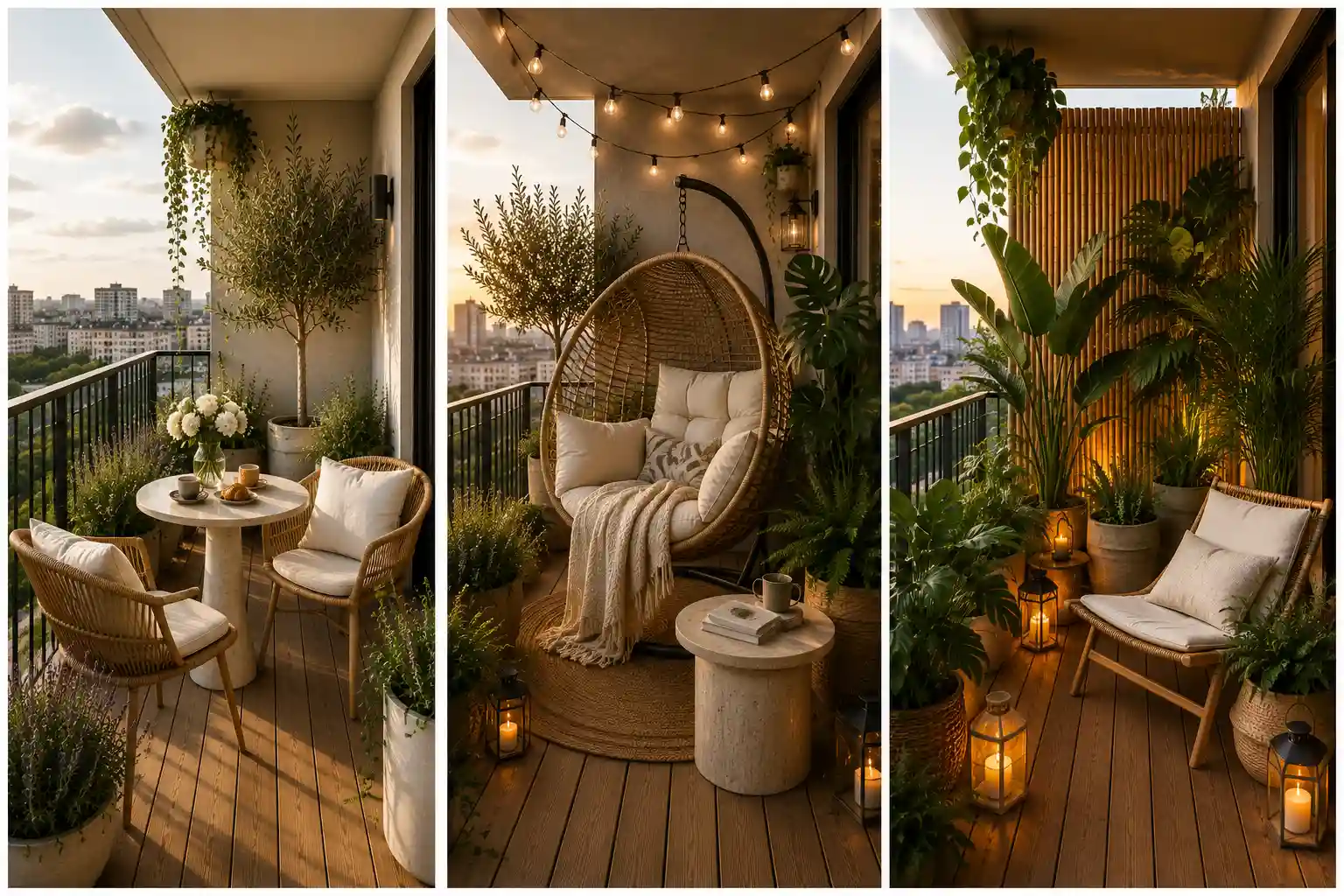 Luxury small balcony design ideas collage featuring three elegant outdoor oasis designs with a cozy bistro dining set, stylish hanging egg chair, lush tropical plants, bamboo privacy screen, warm string lights, natural wood decking, woven furniture, decorative lanterns, olive trees, and modern balcony decorating inspiration for small outdoor living spaces.