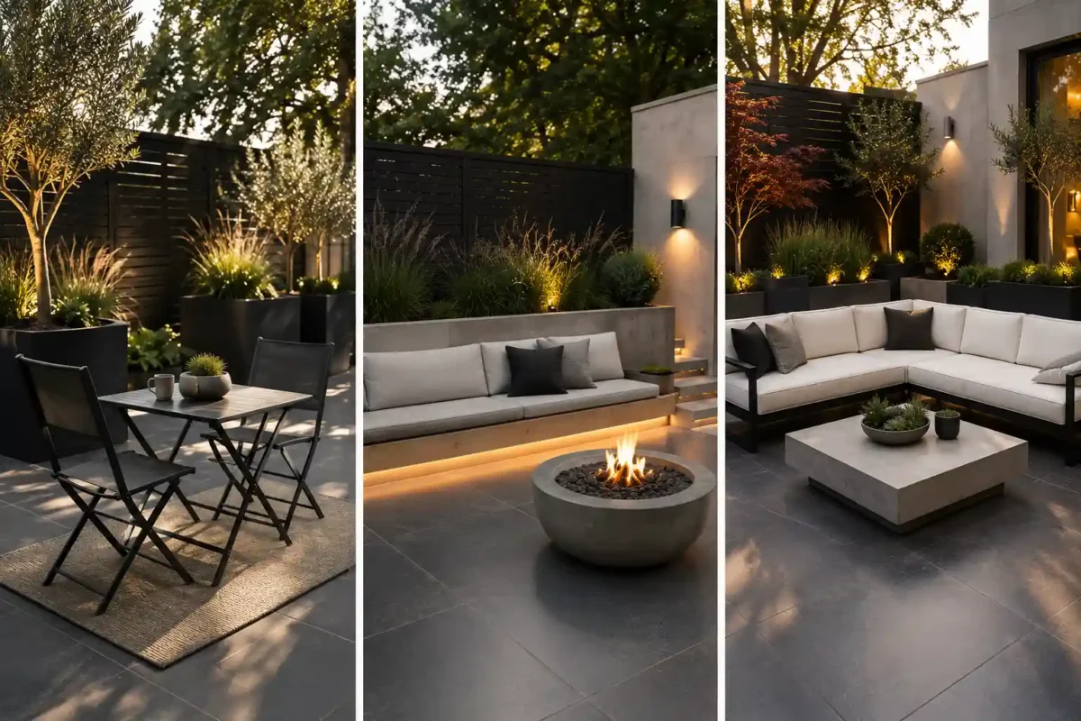 Luxury small patio featuring a premium three panel collage with a modern foldable bistro set, custom built in concrete bench seating, and a contemporary corner sectional sofa. The patio showcases charcoal porcelain pavers, oversized black architectural planters, olive trees, ornamental grasses, warm landscape lighting, minimalist concrete coffee table, black privacy screens, and elegant modern outdoor furniture ideas for compact patios, apartment balconies, and stylish outdoor living spaces. outdoor furniture ideas