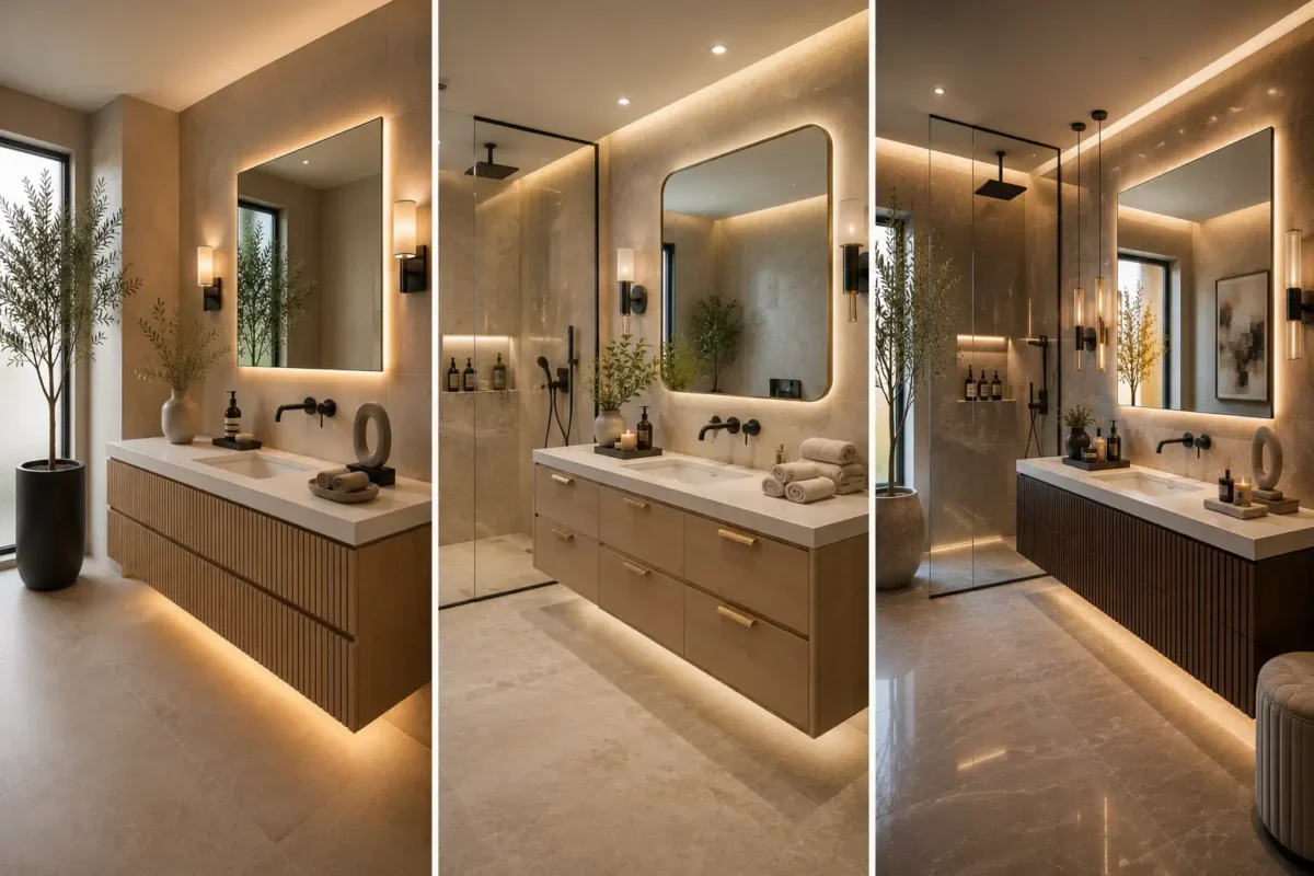 Luxury guest bathroom decor ideas collage featuring three elegant modern guest bathrooms with floating fluted wood vanities, white quartz countertops, oversized backlit LED mirrors, matte black wall mounted faucets, frameless glass walk in showers, rainfall showerheads, warm beige porcelain floor and wall tiles, concealed under vanity LED lighting, designer wall sconces, pendant lighting, ceramic décor, olive trees in decorative planters, premium boutique hotel styling, and sophisticated contemporary bathroom interiors perfect for luxury home renovation inspiration.