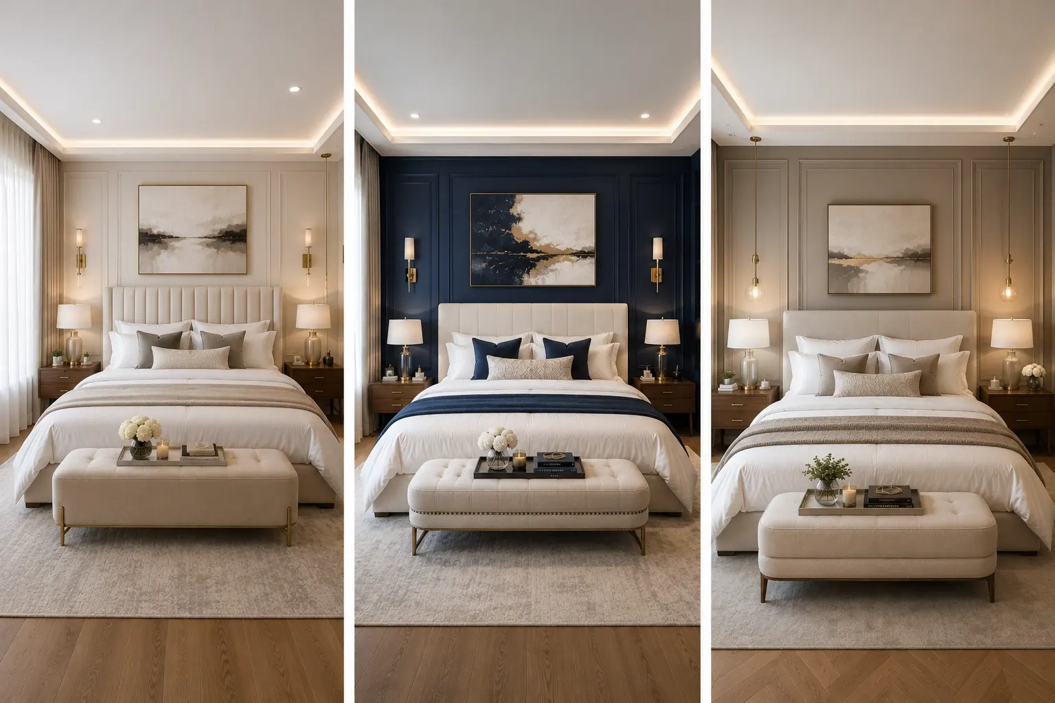 Collage of three luxury guest bedroom ideas featuring elegant hotel style interiors with cream upholstered beds, crisp white layered bedding, navy blue and neutral accent walls, decorative wall molding, walnut nightstands, brass lighting, upholstered storage benches, oversized area rugs, warm wood flooring, contemporary artwork, ambient ceiling lighting, and sophisticated guest room décor showcasing stylish guest bedroom inspiration for modern homes.